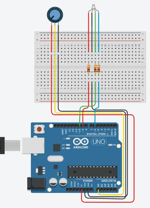 Arduino ile potansiyometre kullanarak RGB LED renk kontrolü devre bağlantısı