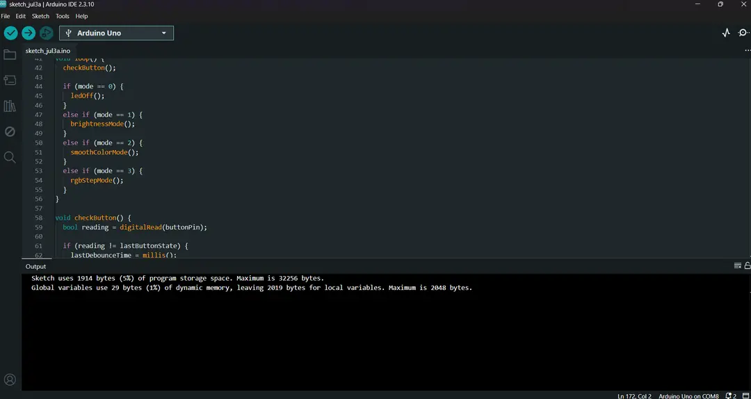 Arduino IDE üzerinde RGB LED buton kontrol kodu