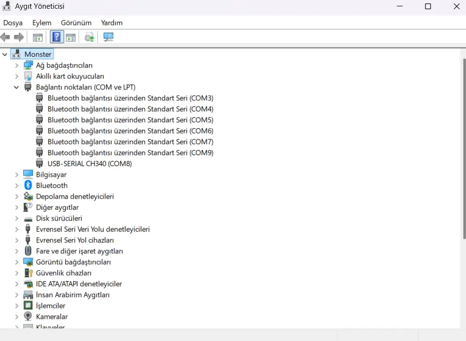 Aygıt Yöneticisi üzerinde USB-SERIAL CH340 COM port görünümü