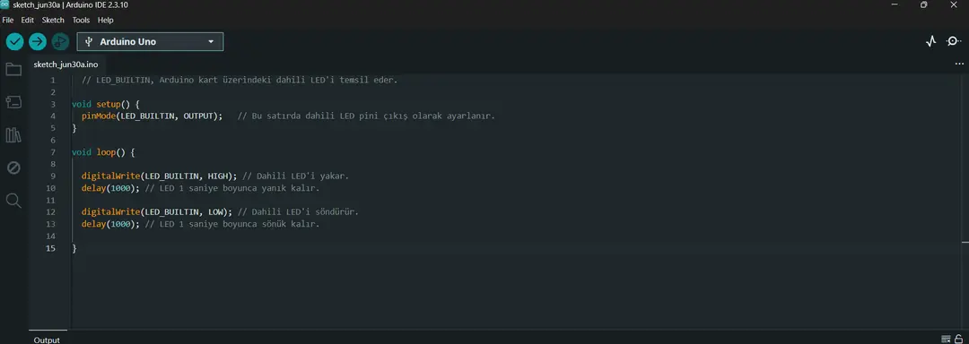 Arduino IDE üzerinde LED Blink kod ekranı