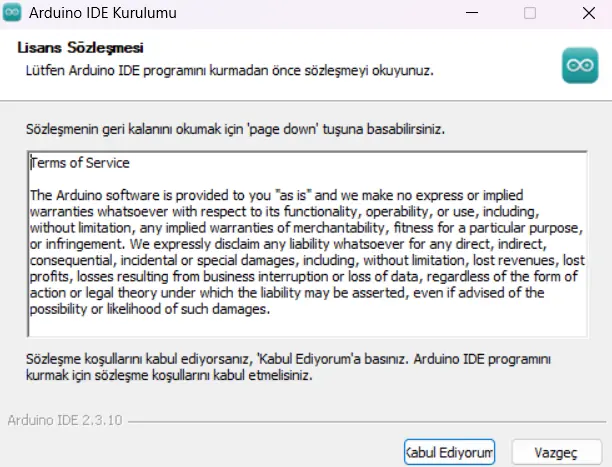 Arduino IDE Windows kurulum ekranı