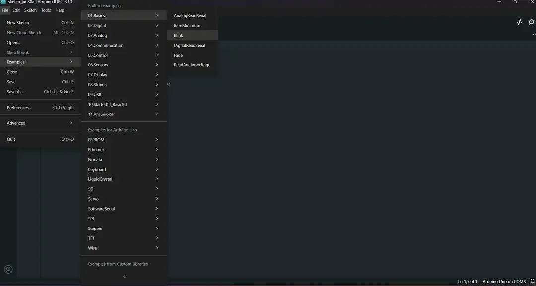 Arduino IDE içinde Examples 01 Basics Blink menüsü