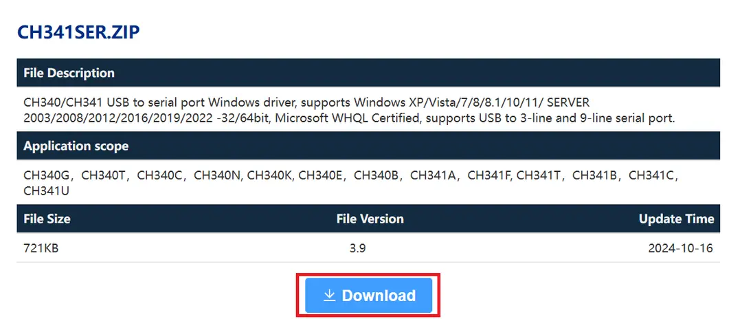 WCH resmi CH341SER driver indirme sayfası
