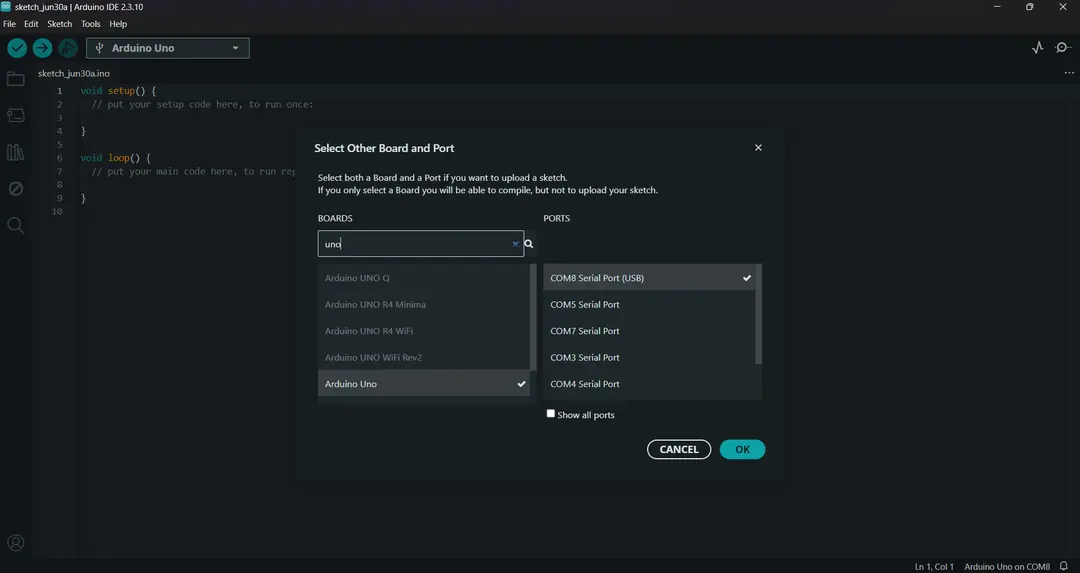 Arduino IDE COM port seçimi ekranı