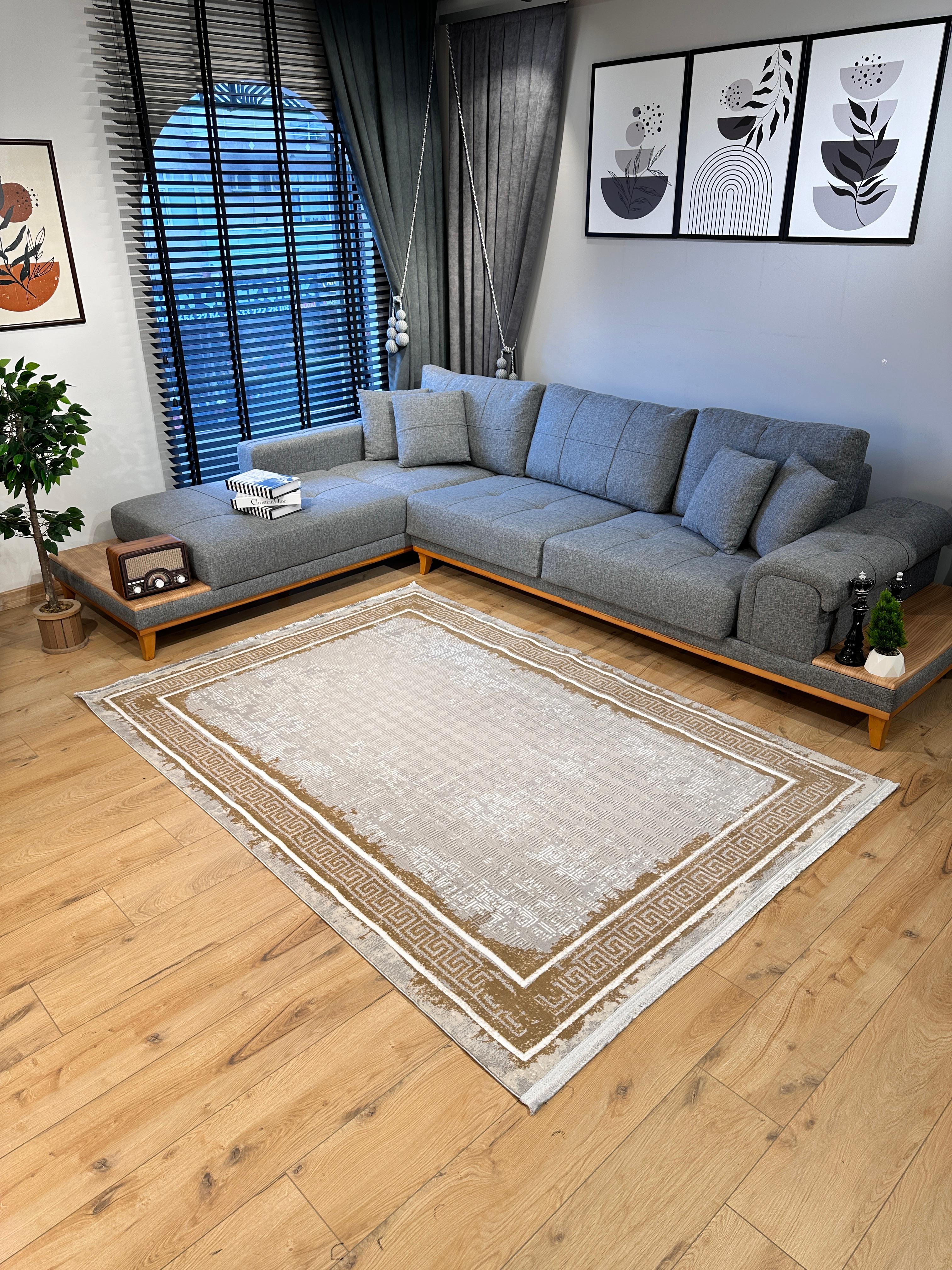 160X230 Kadife Kaymaz Gri-Kahve Çerçeveli