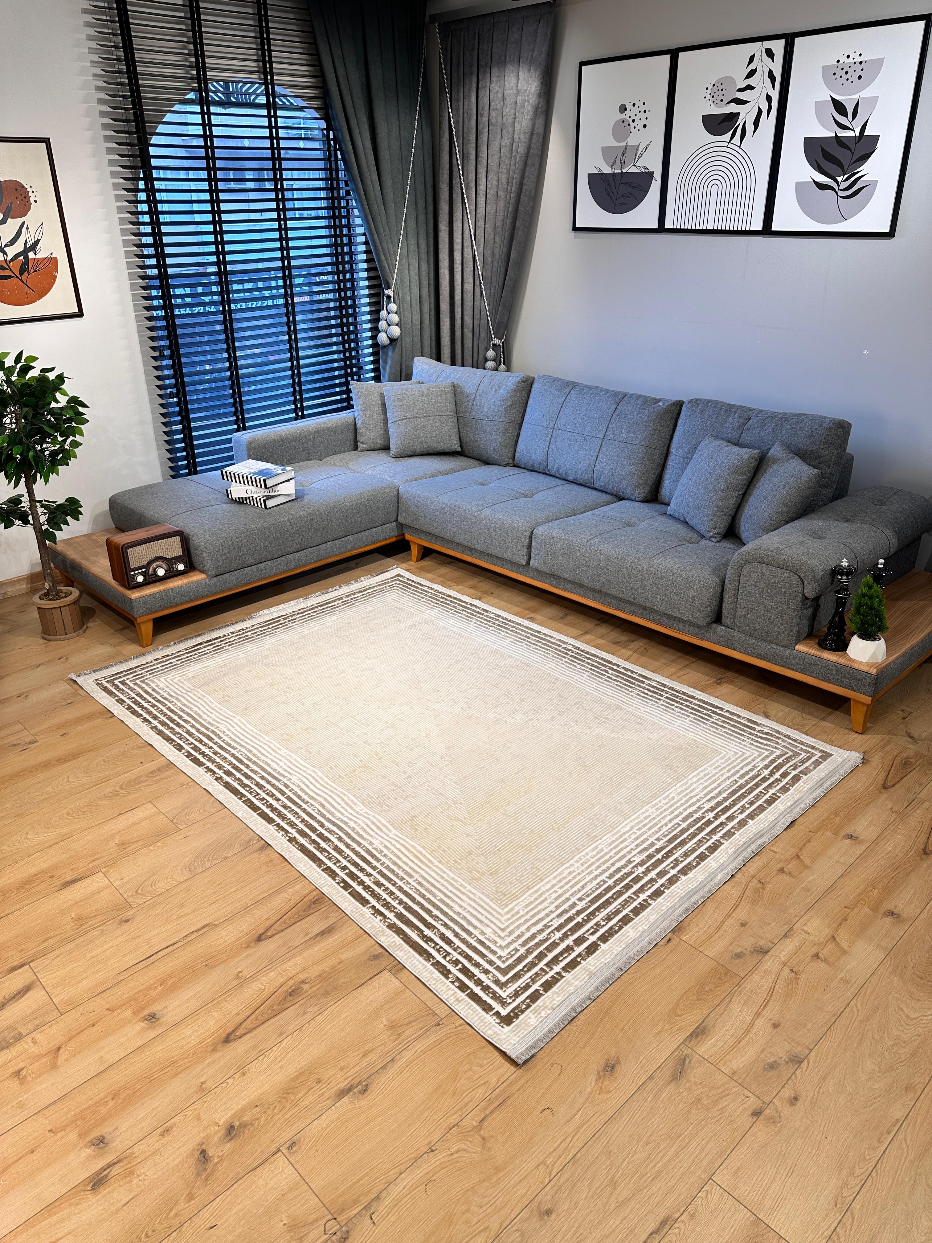 160X230 Kadife Kaymaz Kahve-Krem Çerçeveli