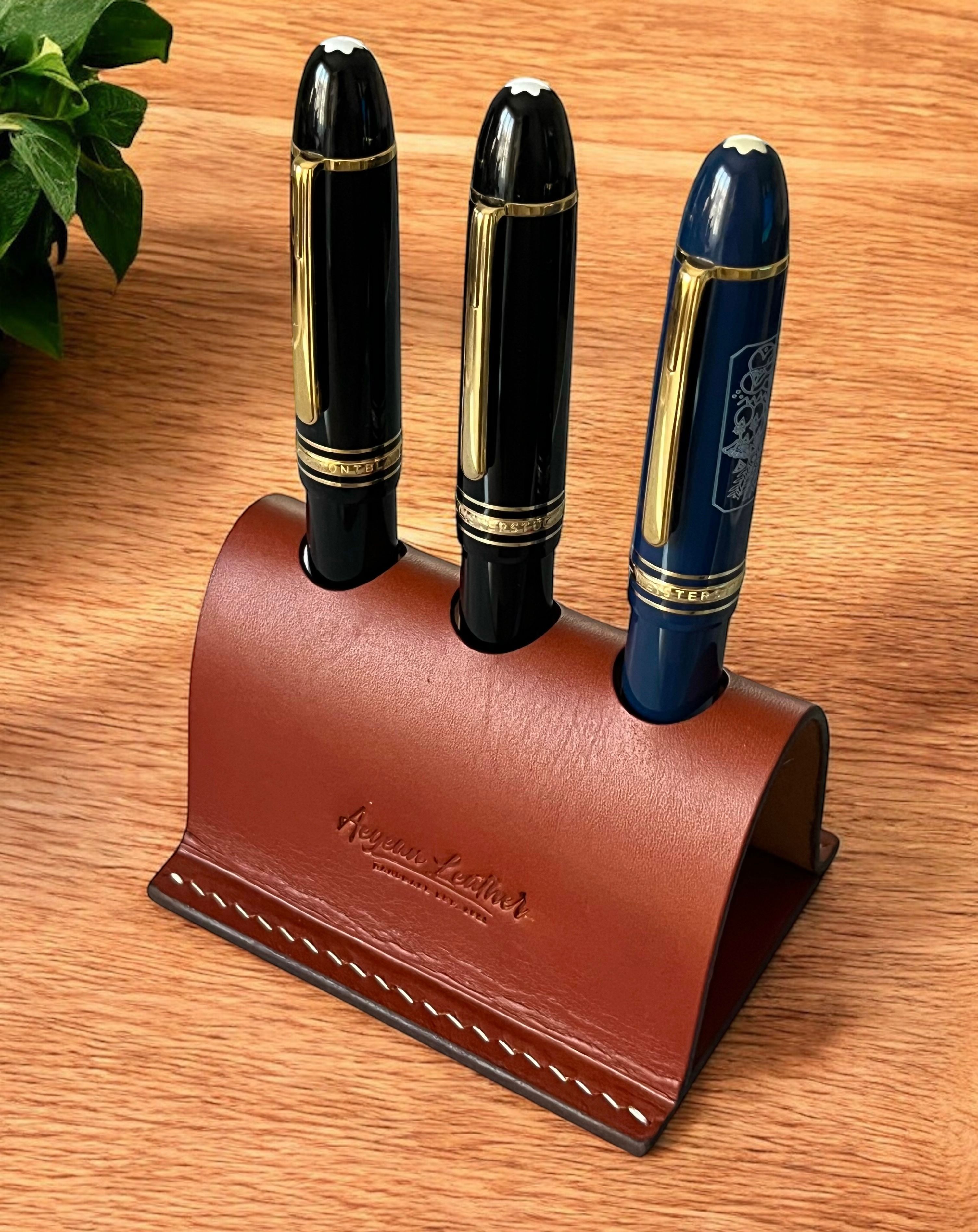 LEATHER PEN HOLDER FOR THREE PENS-COGNAC