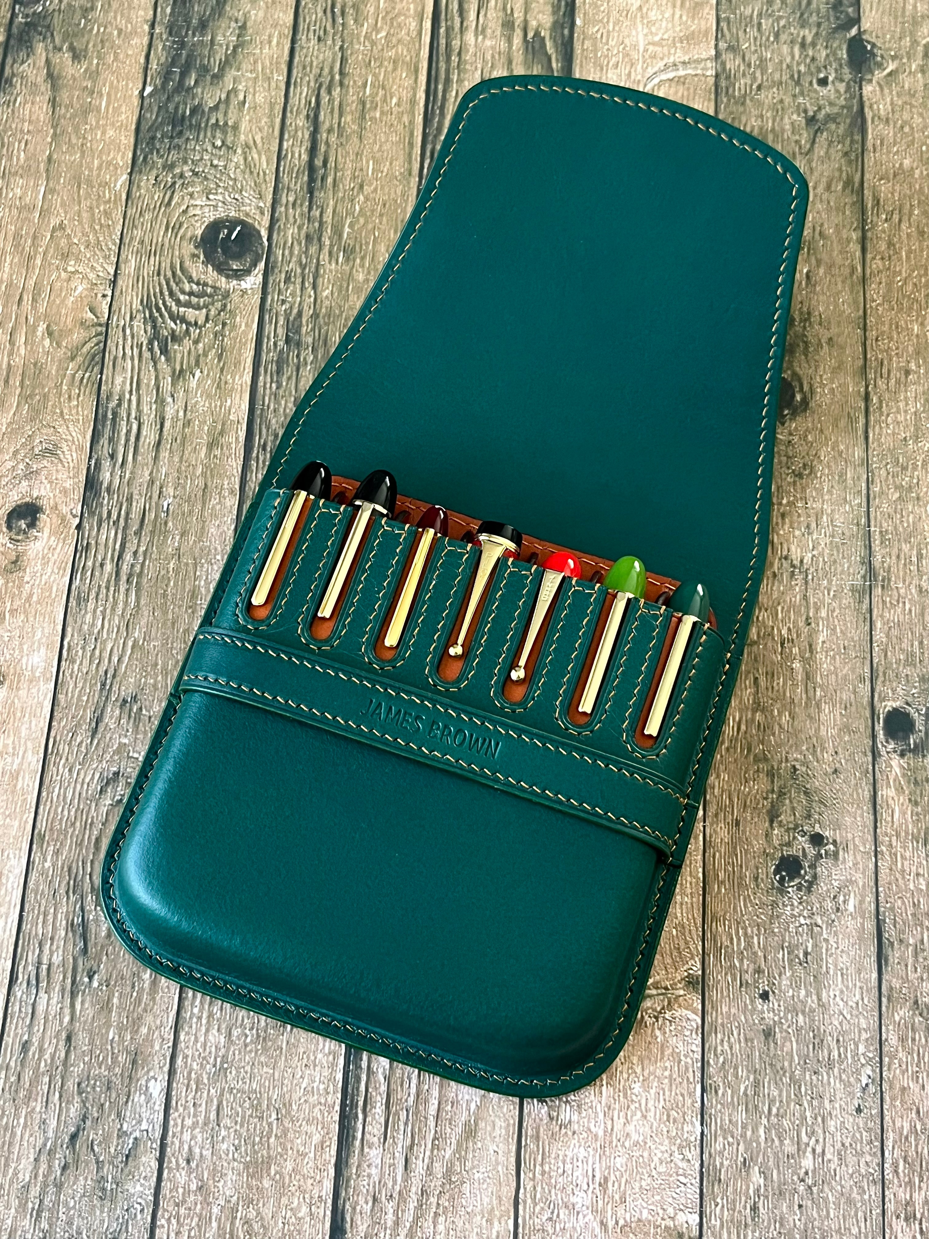 GREEN FOREST LEATHER PEN CASE FOR SEVEN PENS