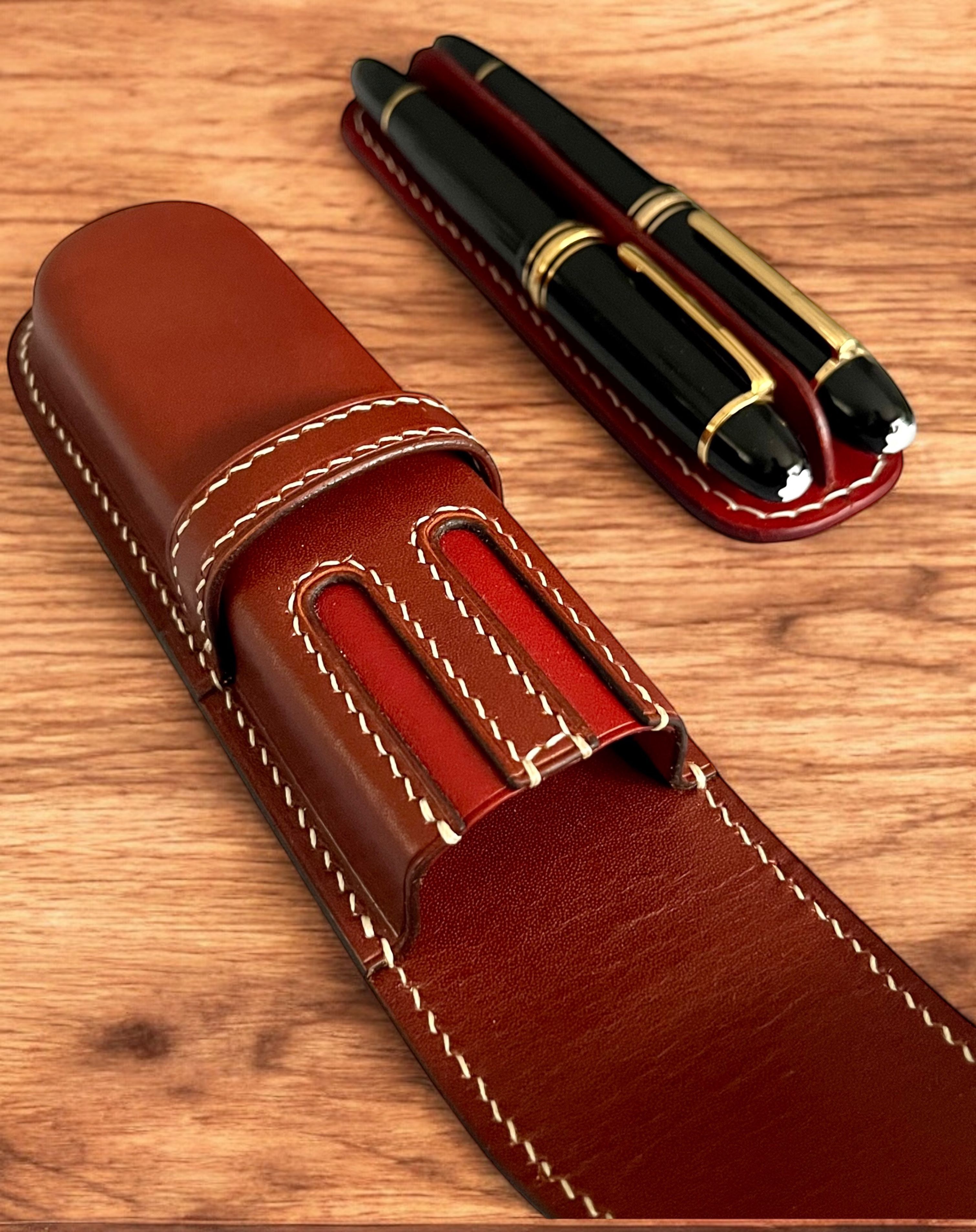 BLACK COFFEE LEATHER PEN CASE FOR TWO PENS