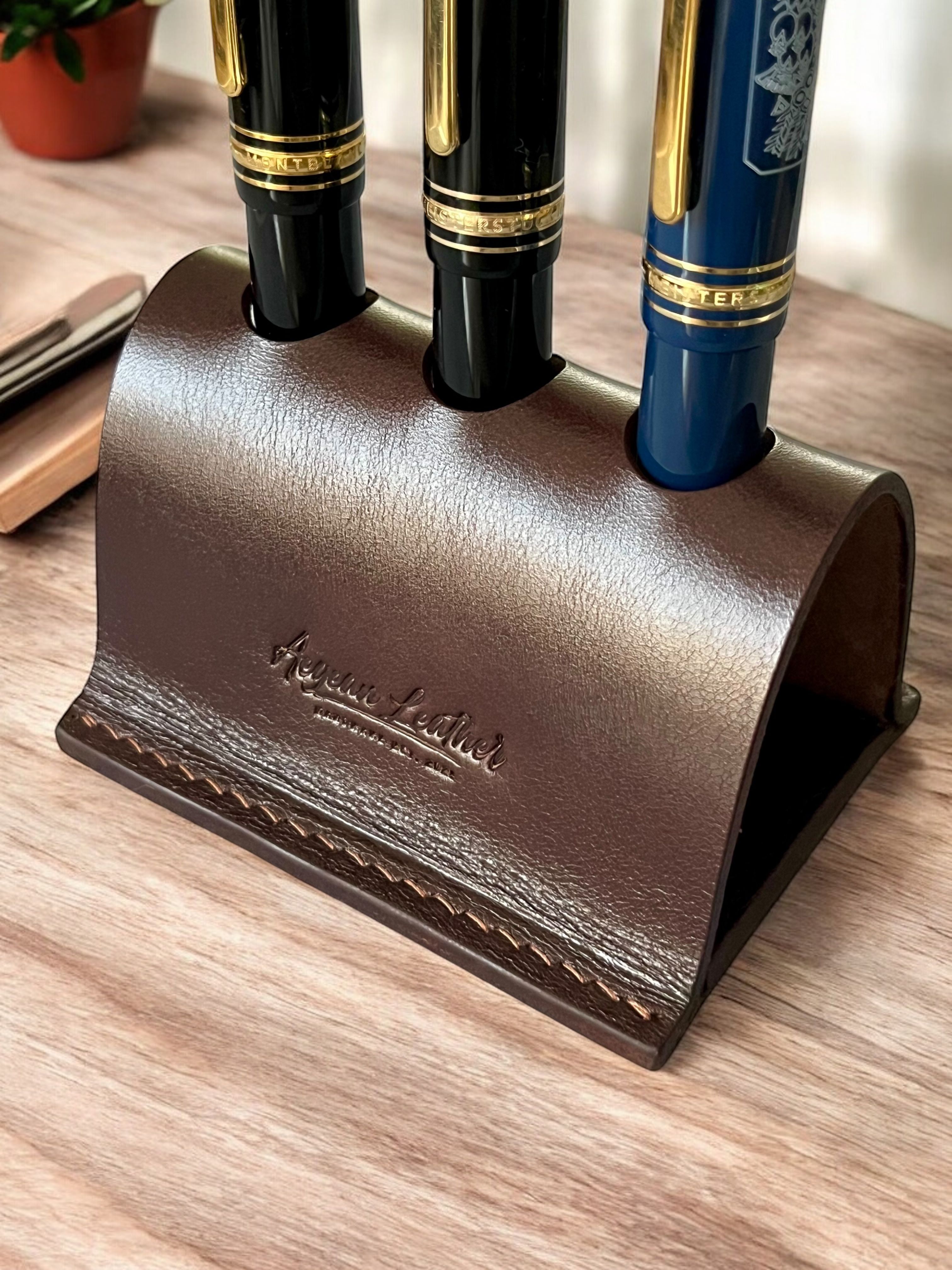 LEATHER PEN HOLDER FOR THREE PENS-BROWN
