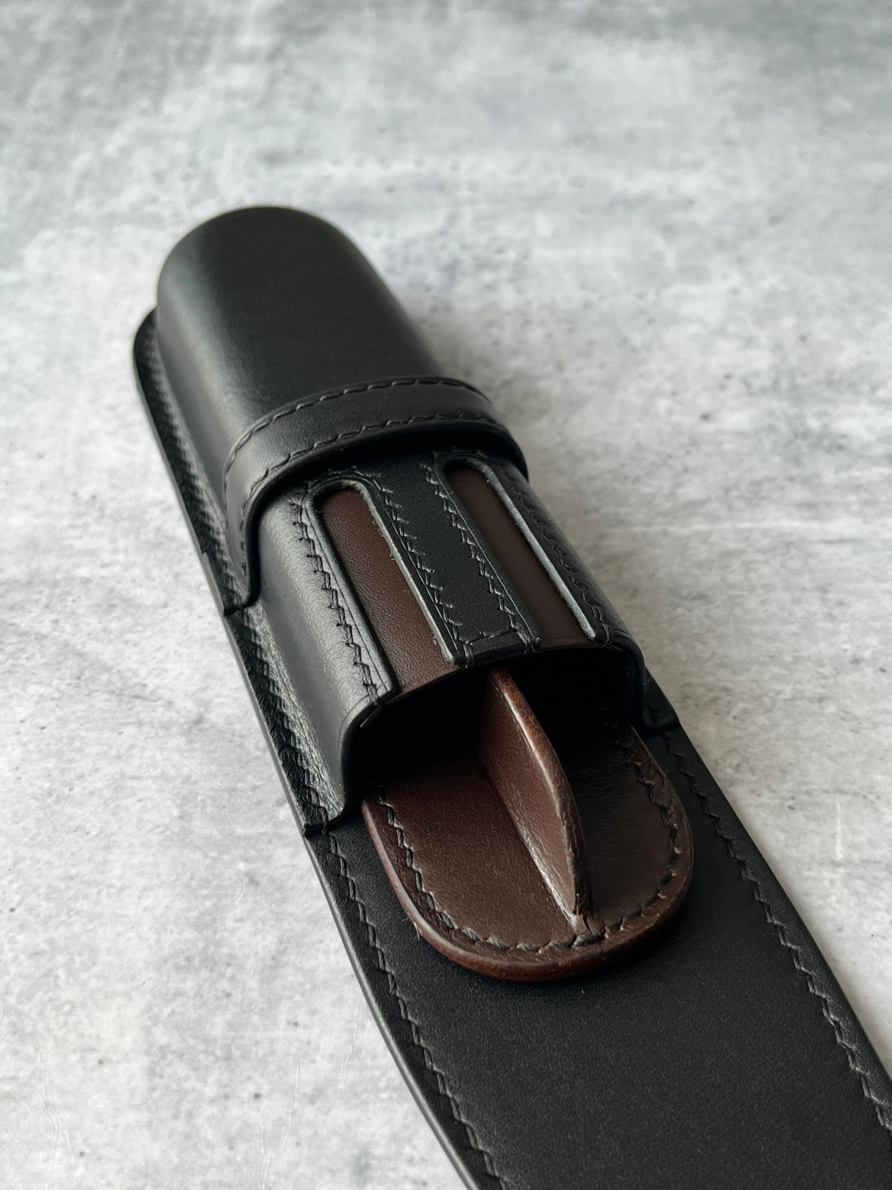 BLACK COFFEE LEATHER PEN CASE FOR TWO PENS