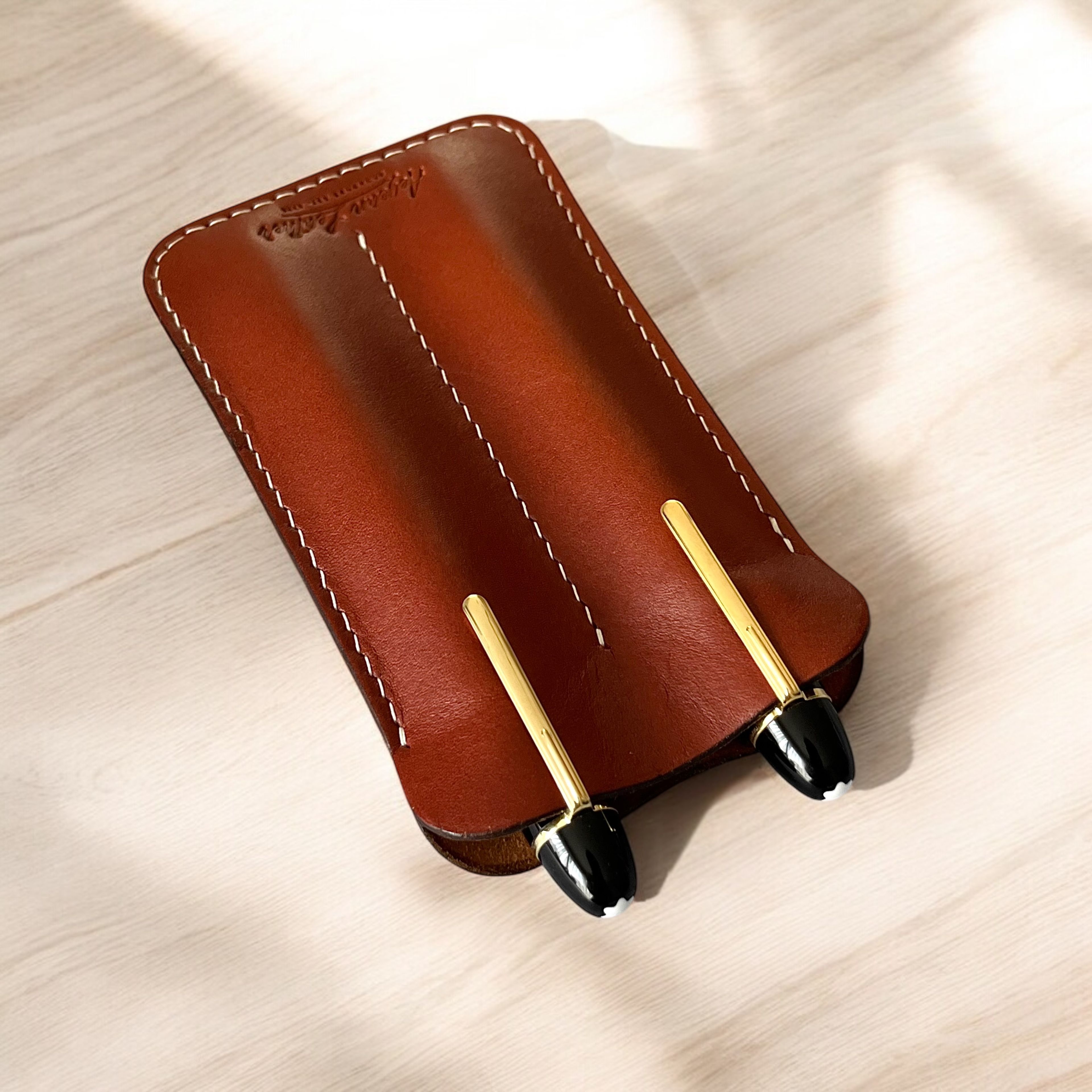 LEATHER DOUBLE PEN SLEEVE-COGNAC