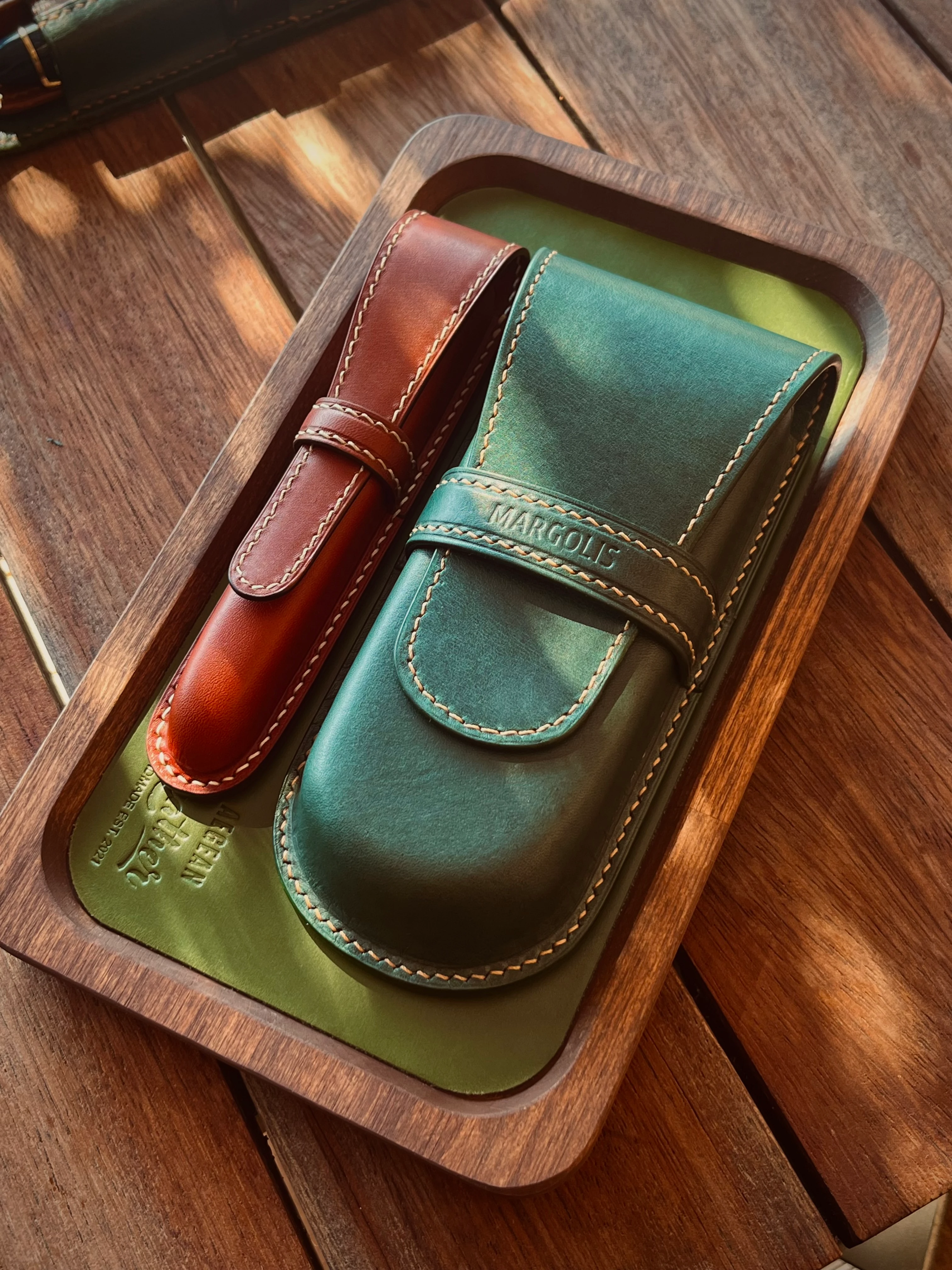 NAMIKI EMPEROR-PILOT CUSTOM URUSHI GREEN FOREST LEATHER PEN CASE FOR THREE PENS