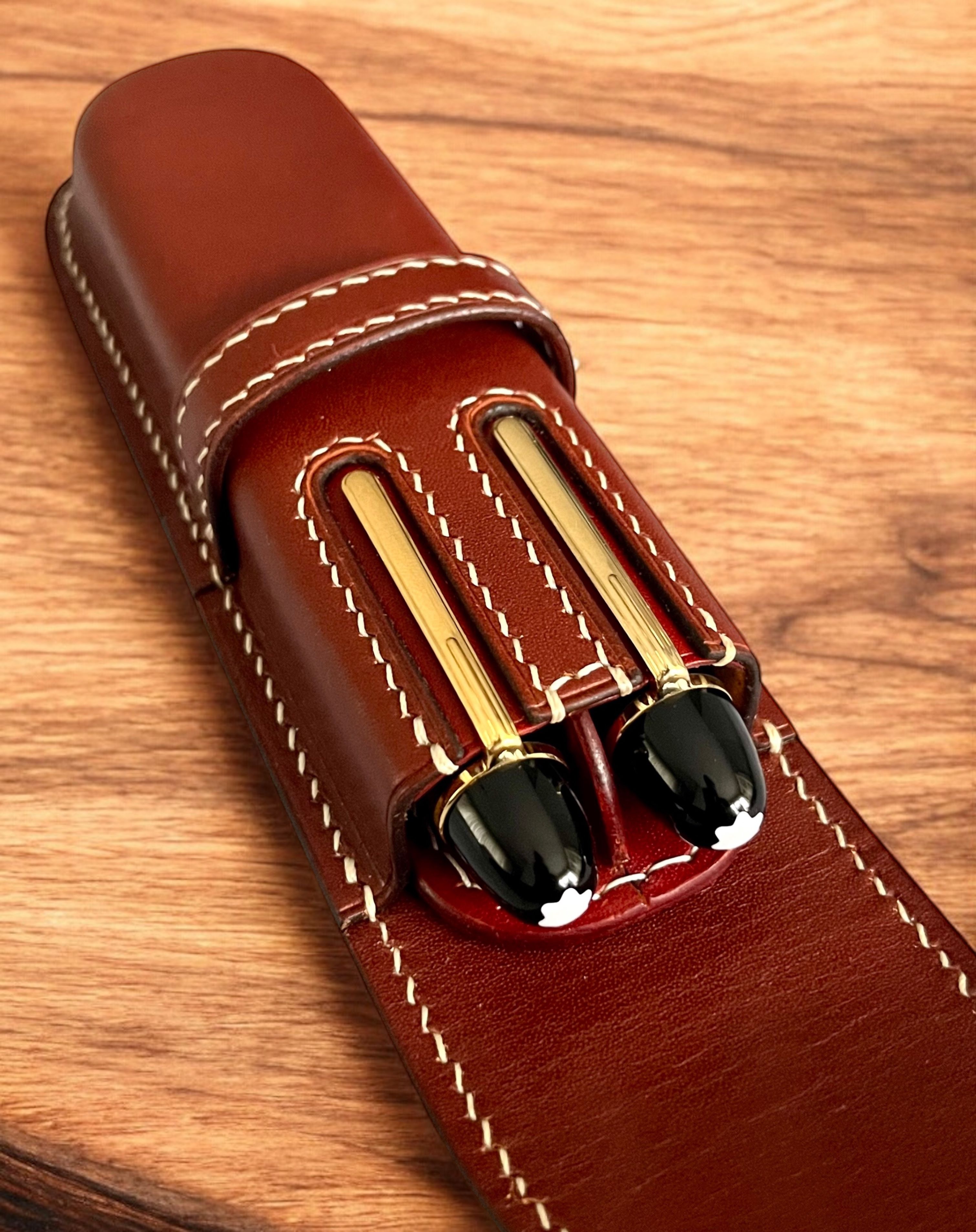 BLACK COFFEE LEATHER PEN CASE FOR TWO PENS