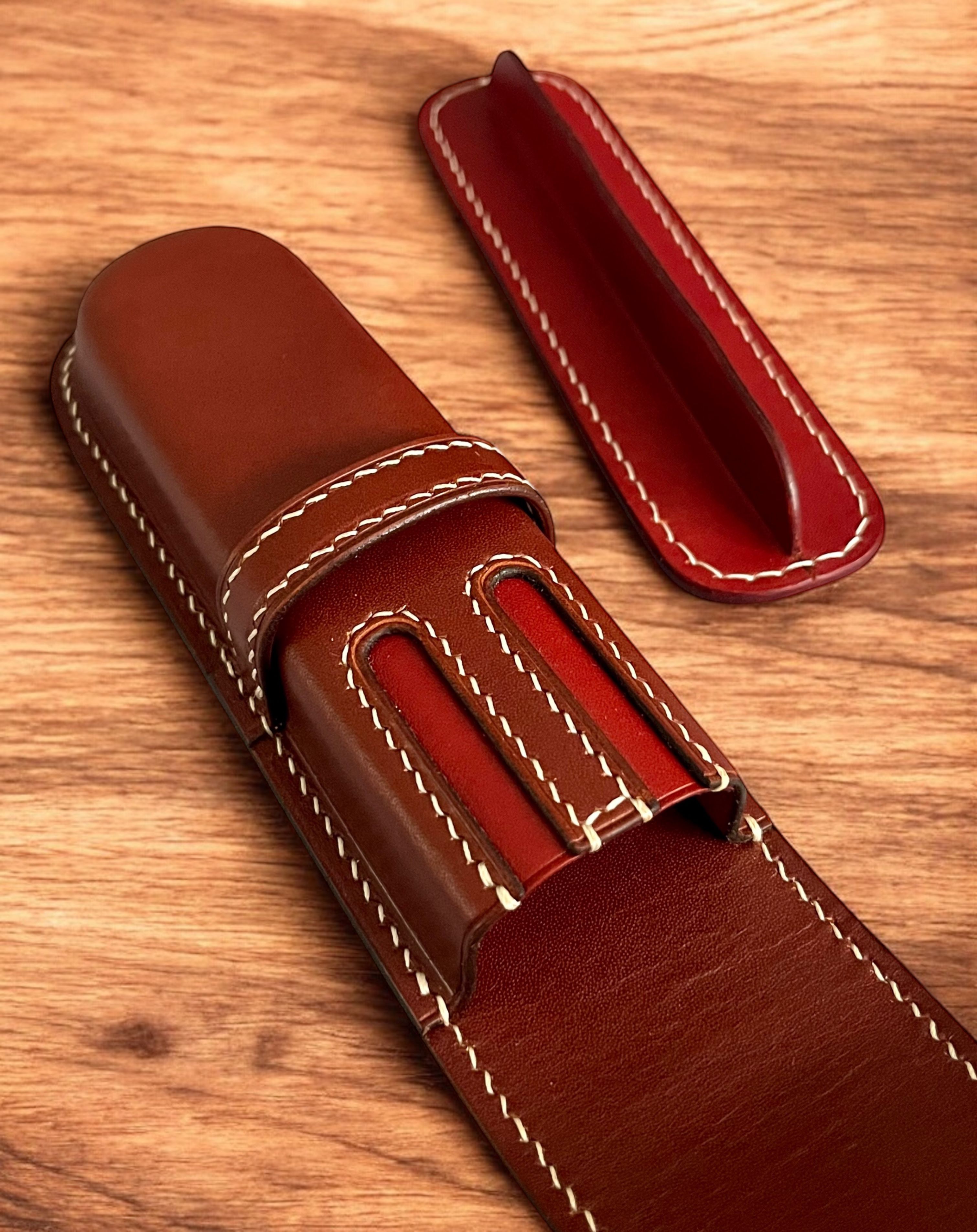 BLACK COFFEE LEATHER PEN CASE FOR TWO PENS