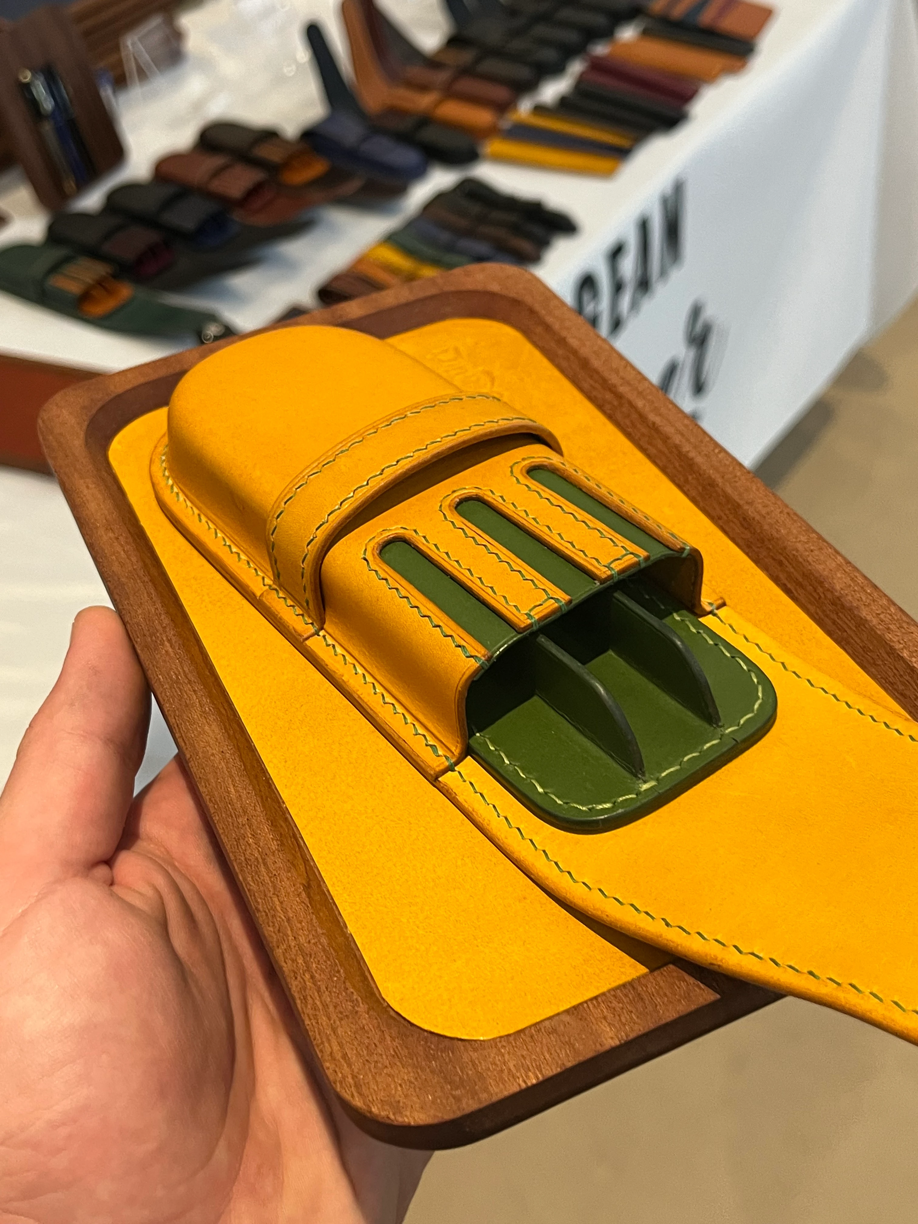 LEMON LEATHER PEN CASE FOR THREE PENS