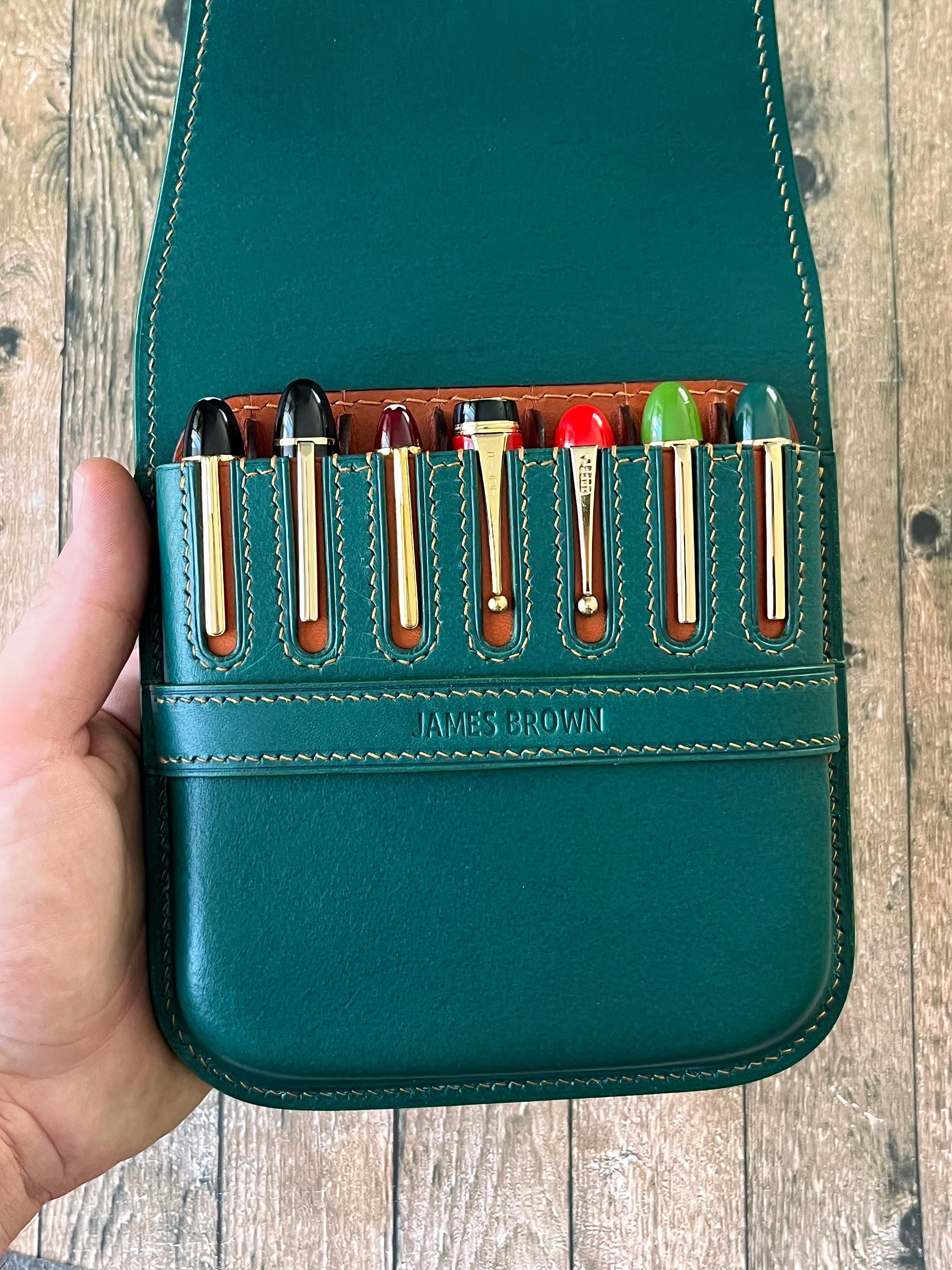 GREEN FOREST LEATHER PEN CASE FOR SEVEN PENS