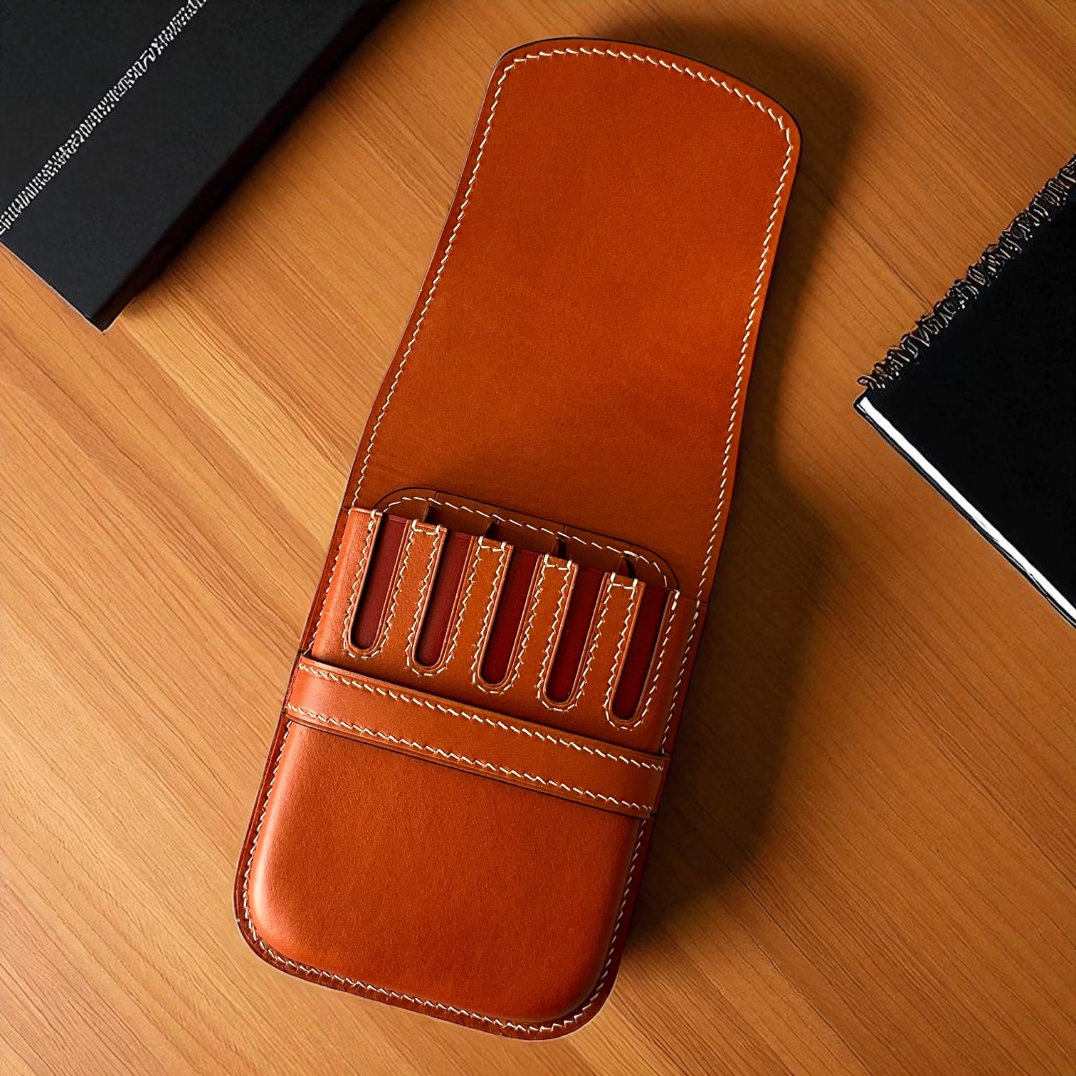 GOLDEN SAND LEATHER PEN CASE FOR FIVE PENS