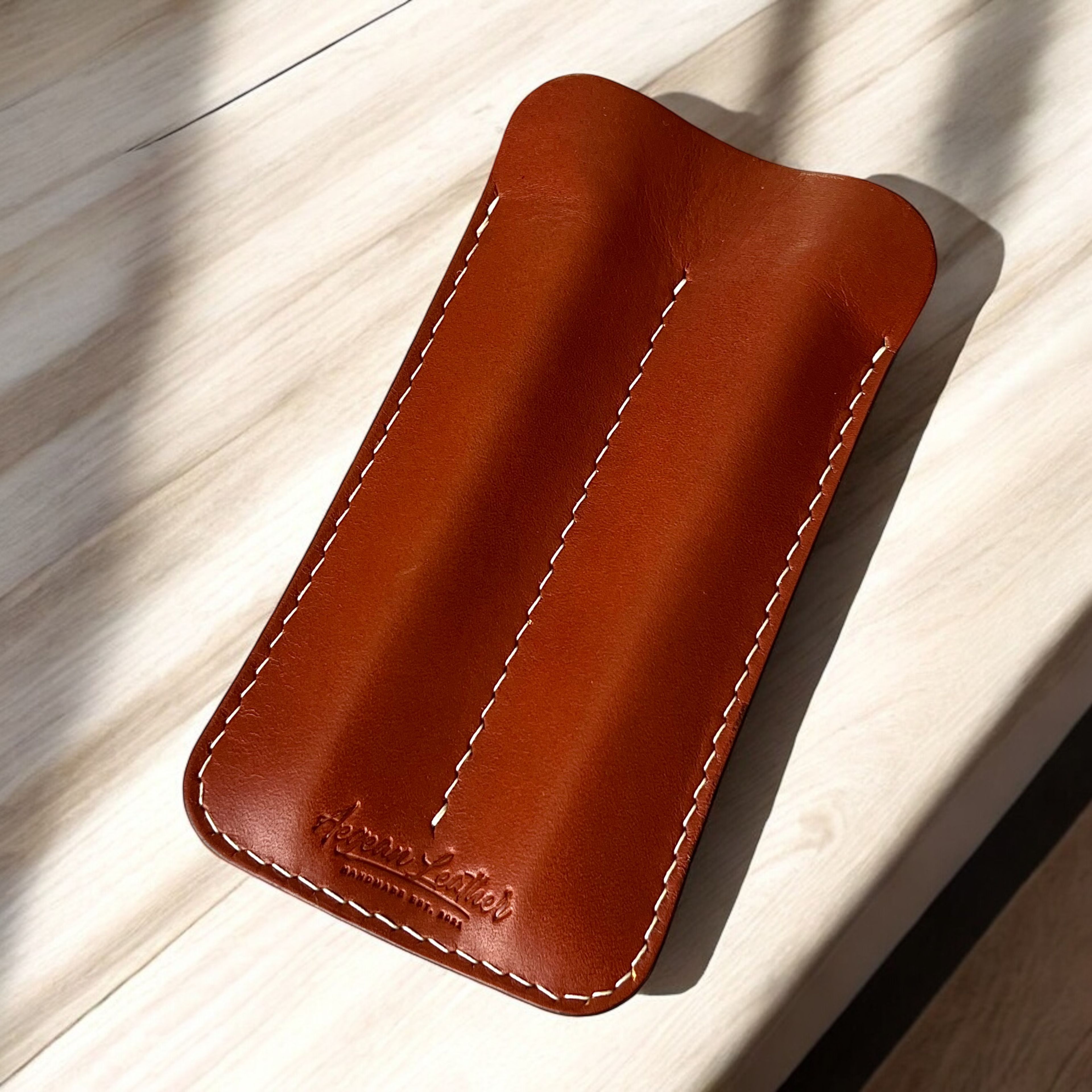 LEATHER DOUBLE PEN SLEEVE-COGNAC