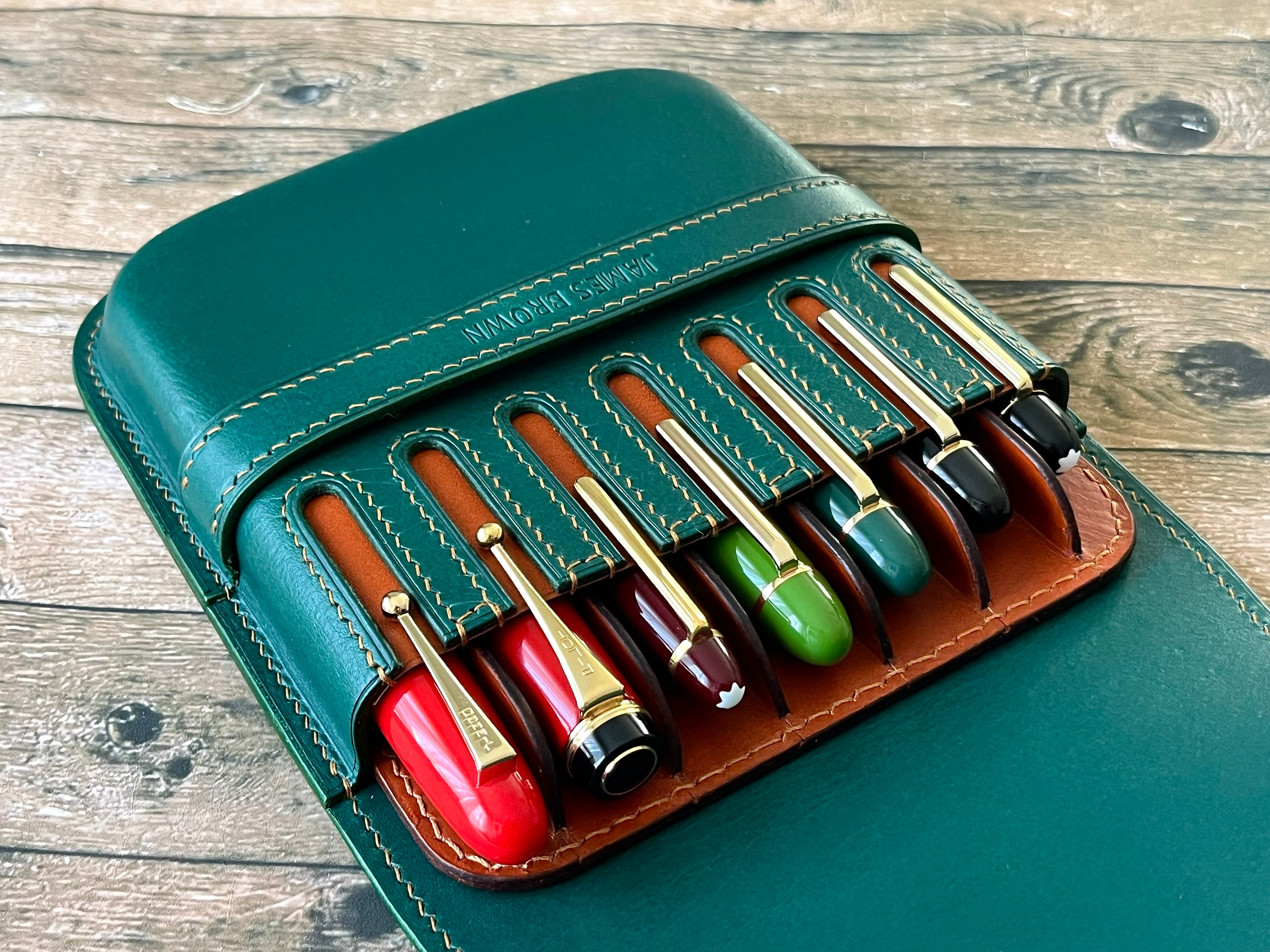 GREEN FOREST LEATHER PEN CASE FOR SEVEN PENS
