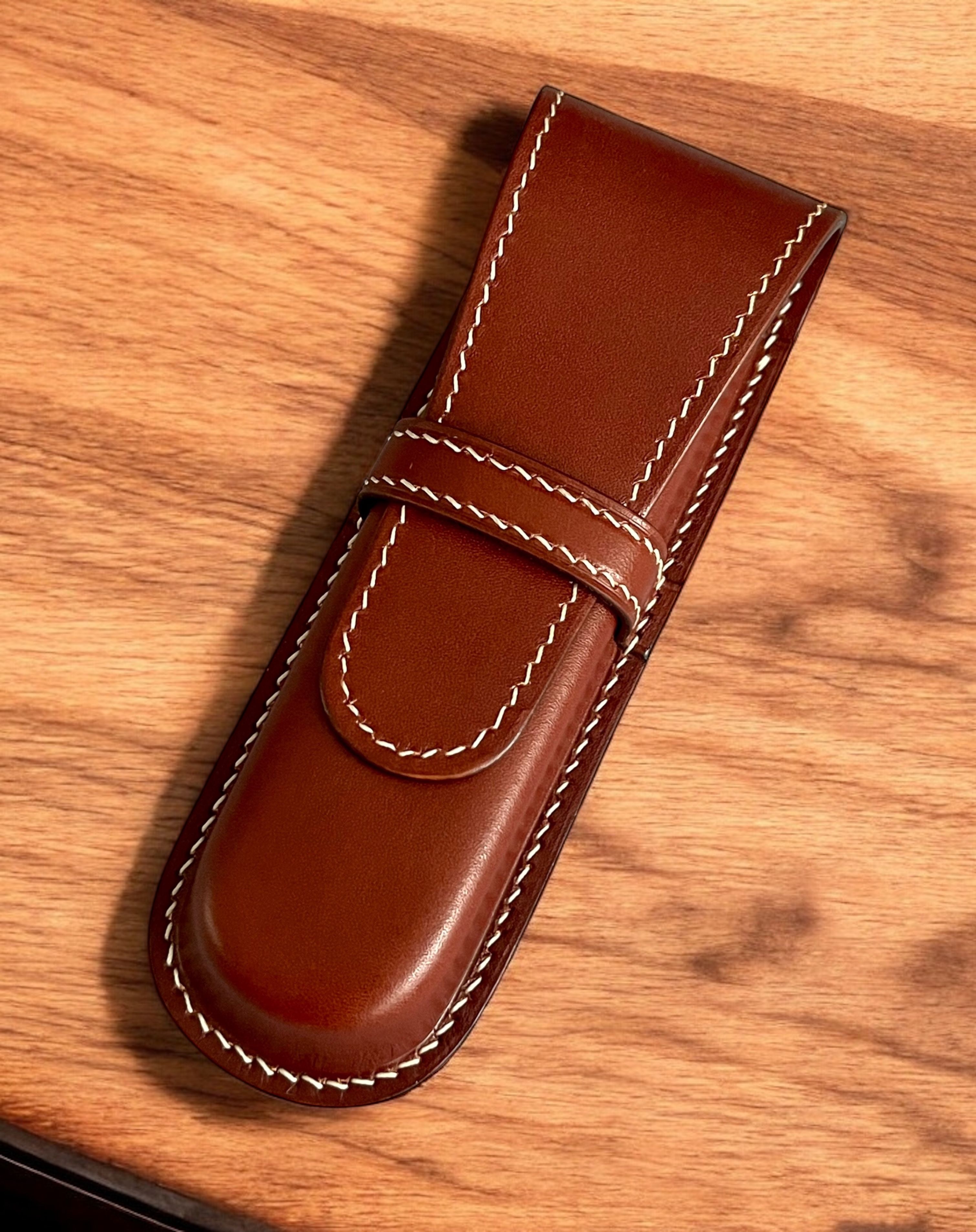 BLACK COFFEE LEATHER PEN CASE FOR TWO PENS