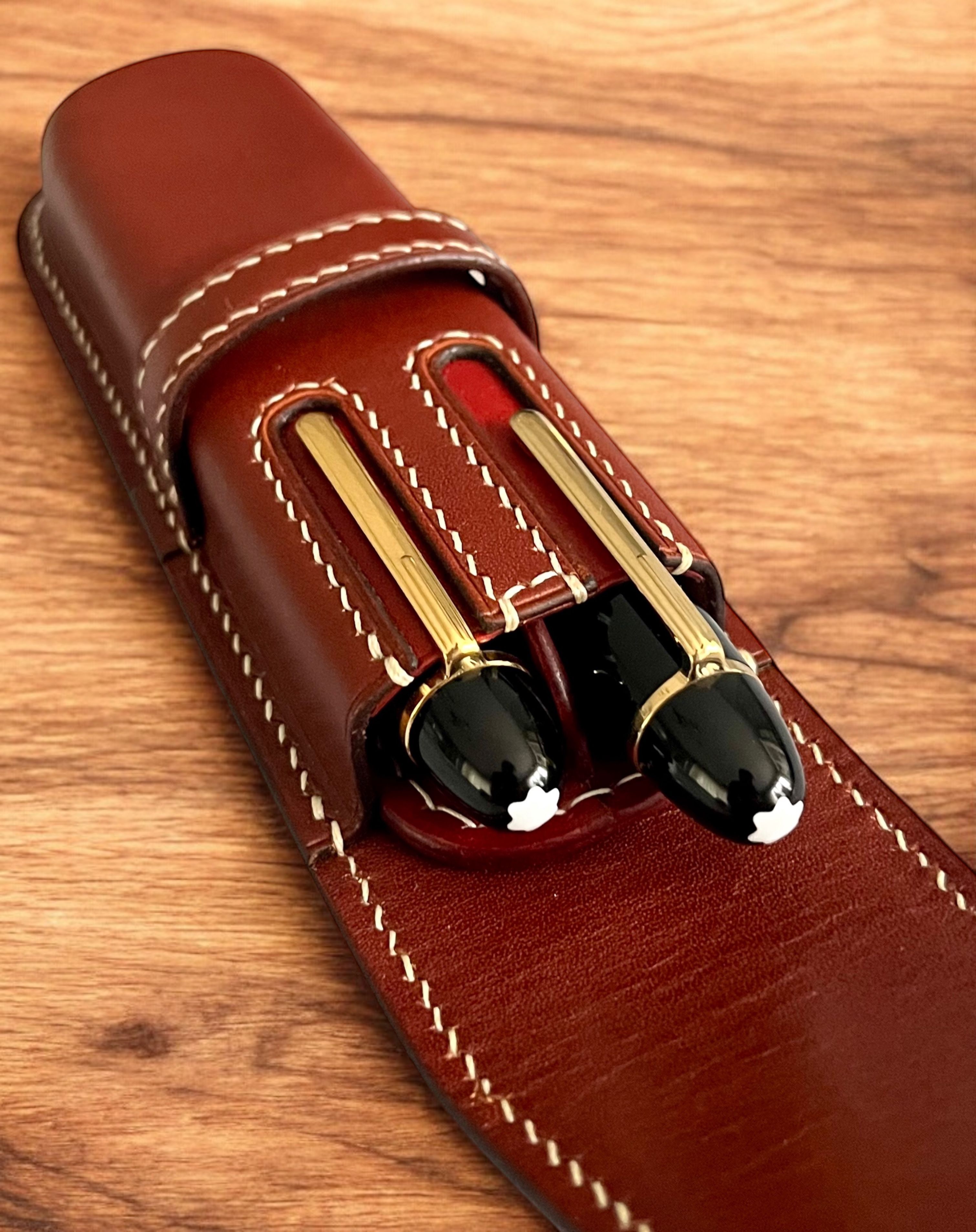 BLACK COFFEE LEATHER PEN CASE FOR TWO PENS