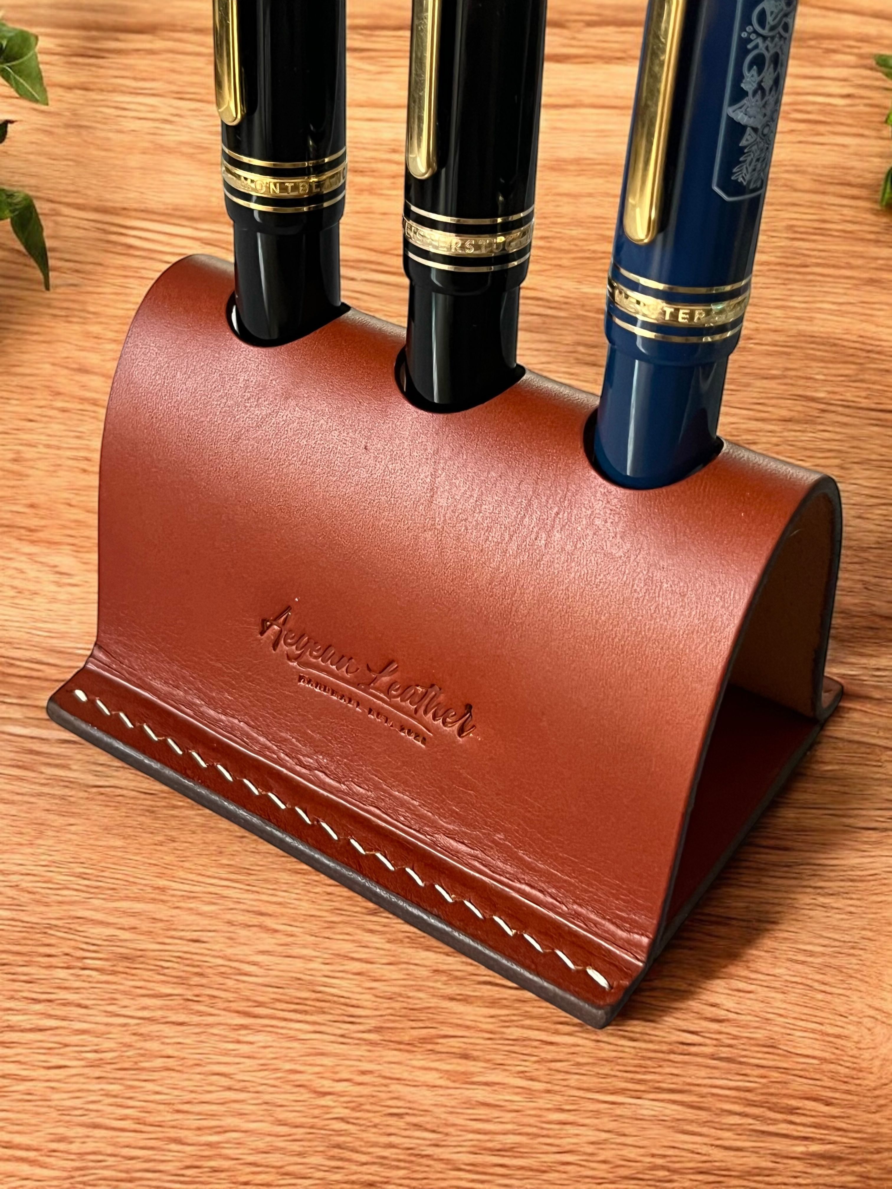 LEATHER PEN HOLDER FOR THREE PENS-COGNAC