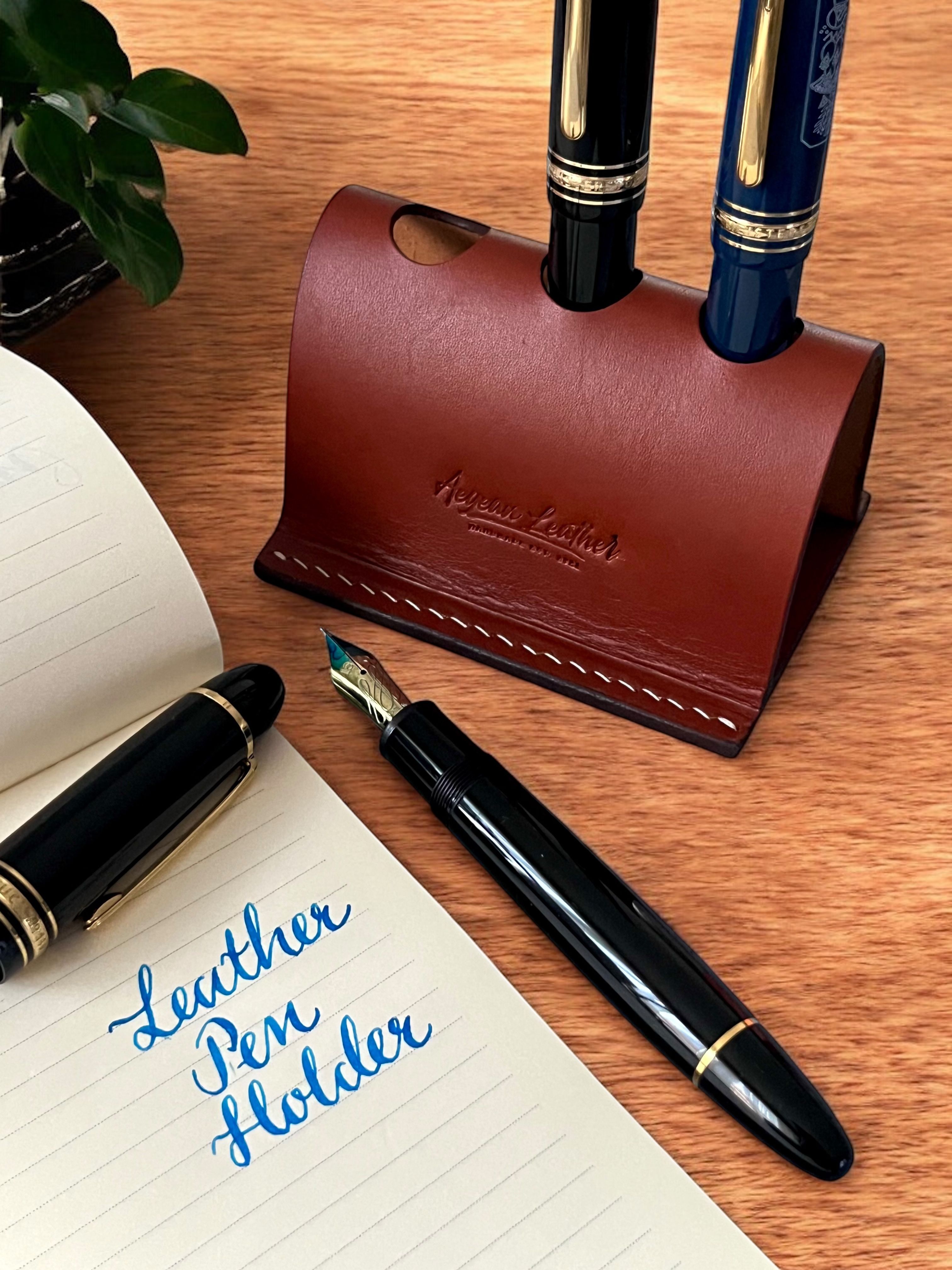 LEATHER PEN HOLDER FOR THREE PENS-COGNAC