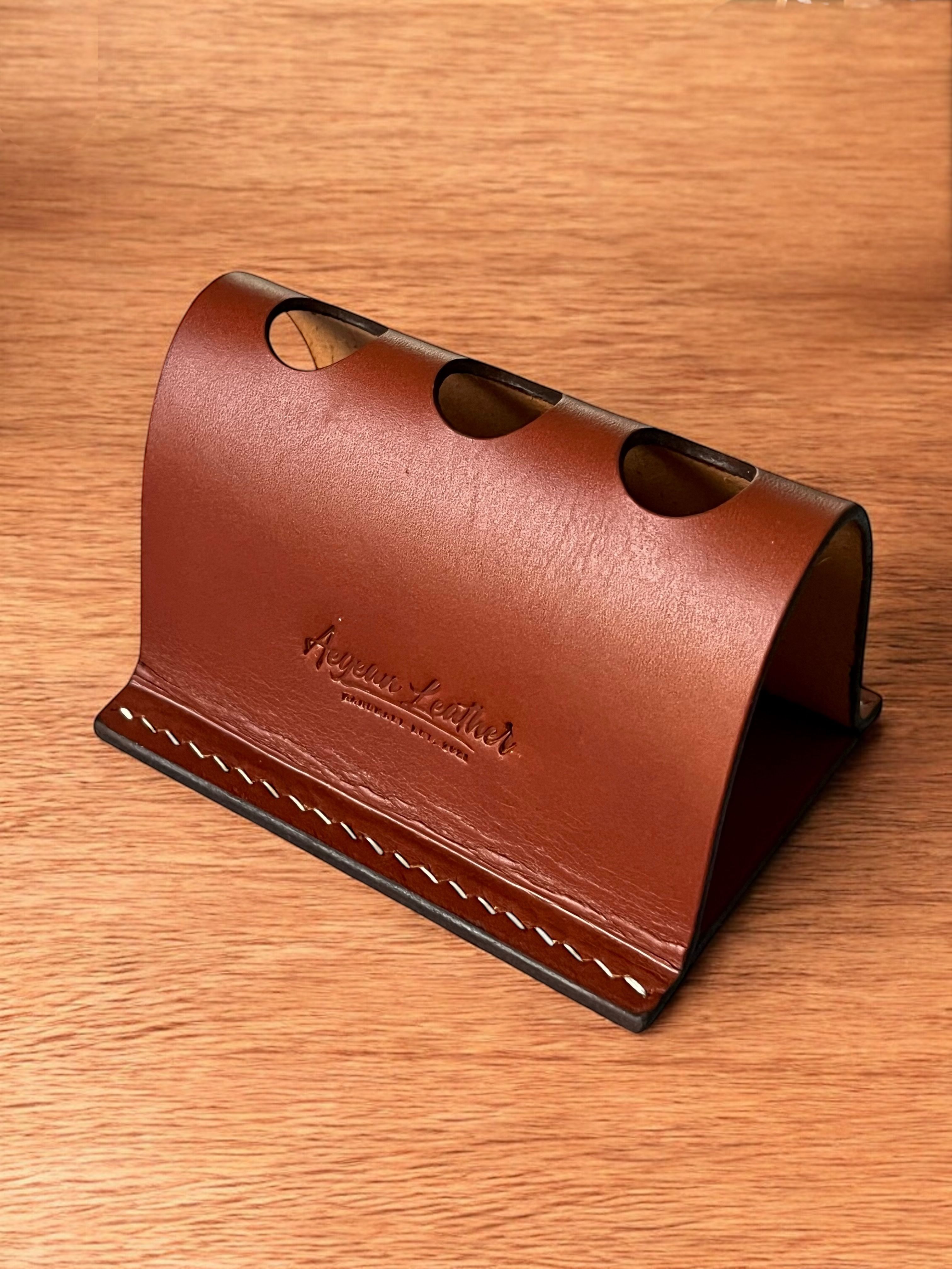 LEATHER PEN HOLDER FOR THREE PENS-COGNAC