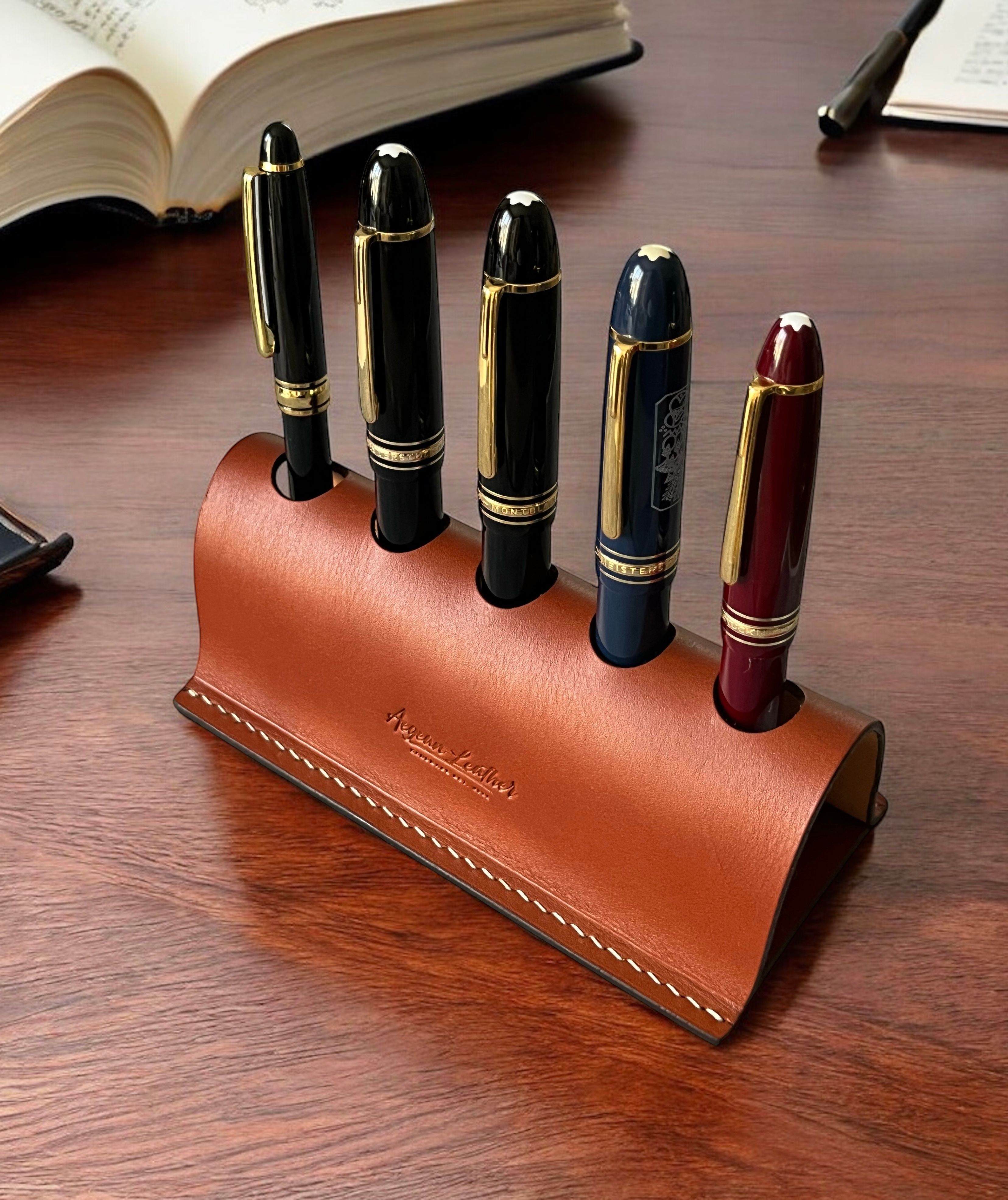 LEATHER PEN HOLDER FOR FIVE PENS-COGNAC