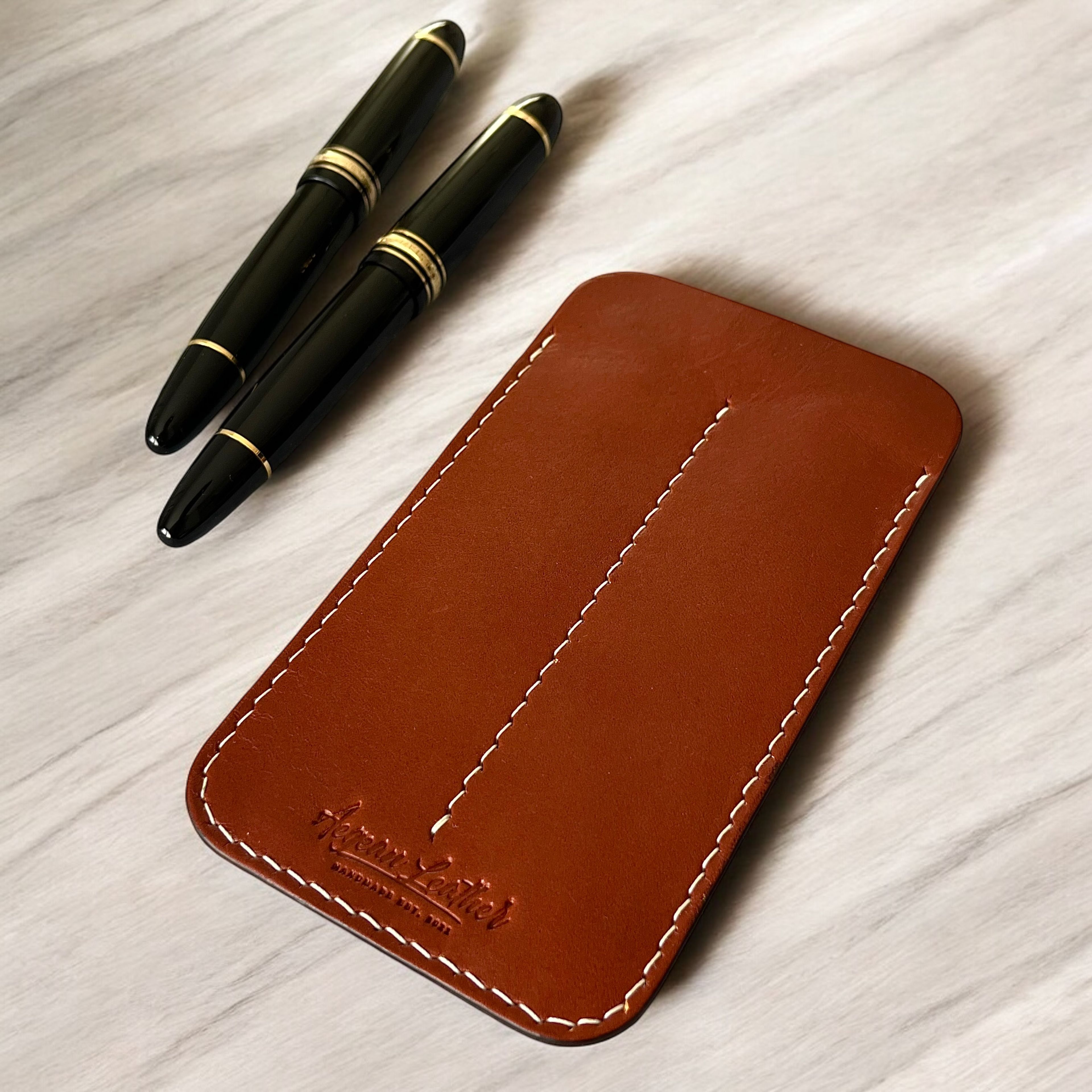 LEATHER DOUBLE PEN SLEEVE-COGNAC