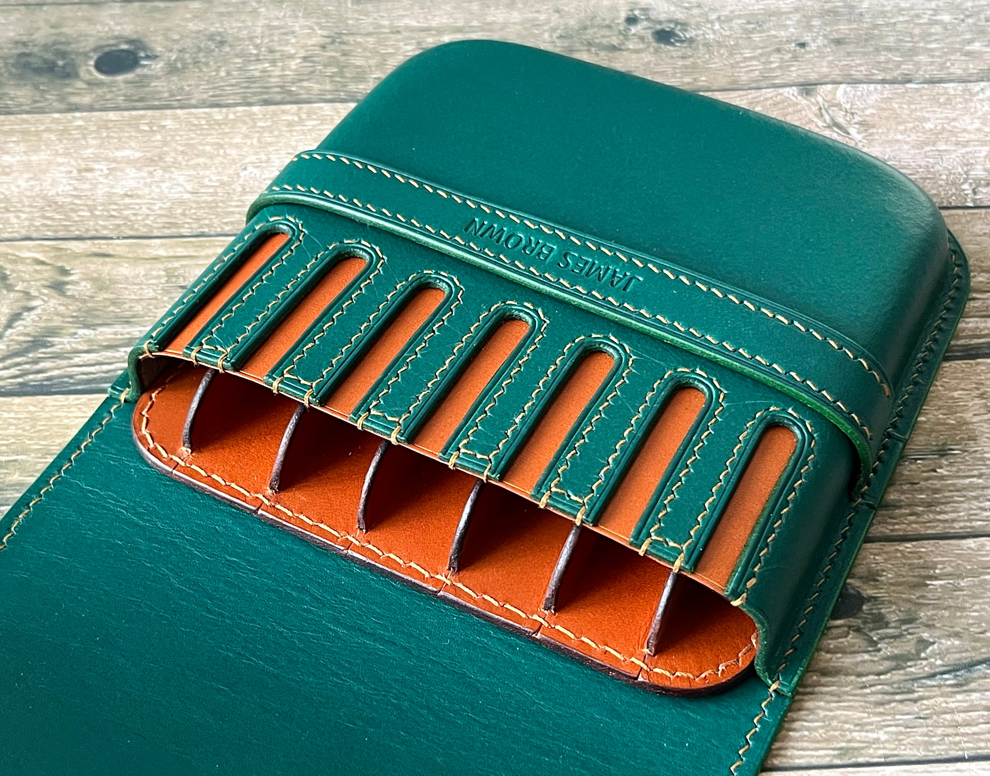 GREEN FOREST LEATHER PEN CASE FOR SEVEN PENS