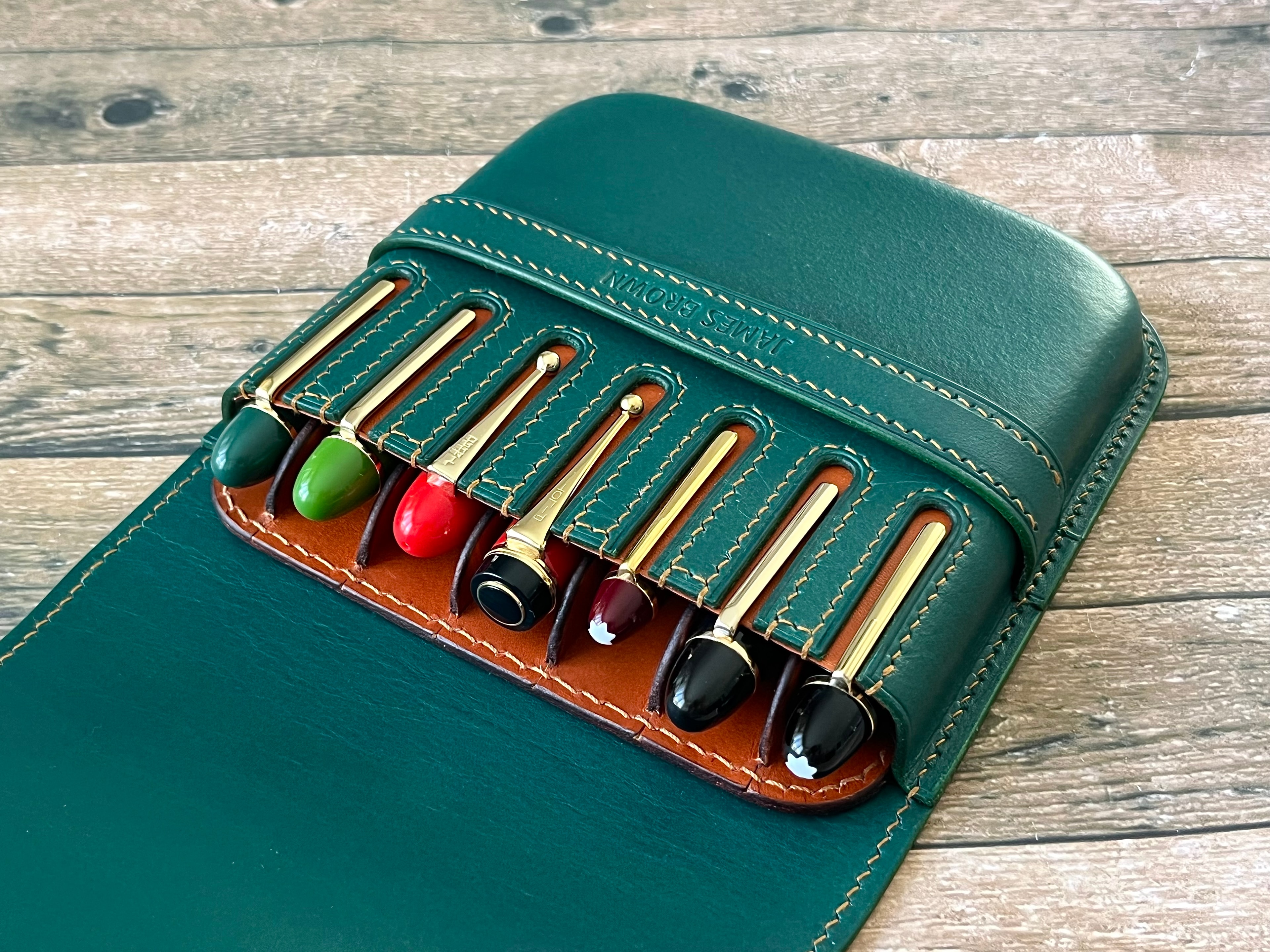 GREEN FOREST LEATHER PEN CASE FOR SEVEN PENS