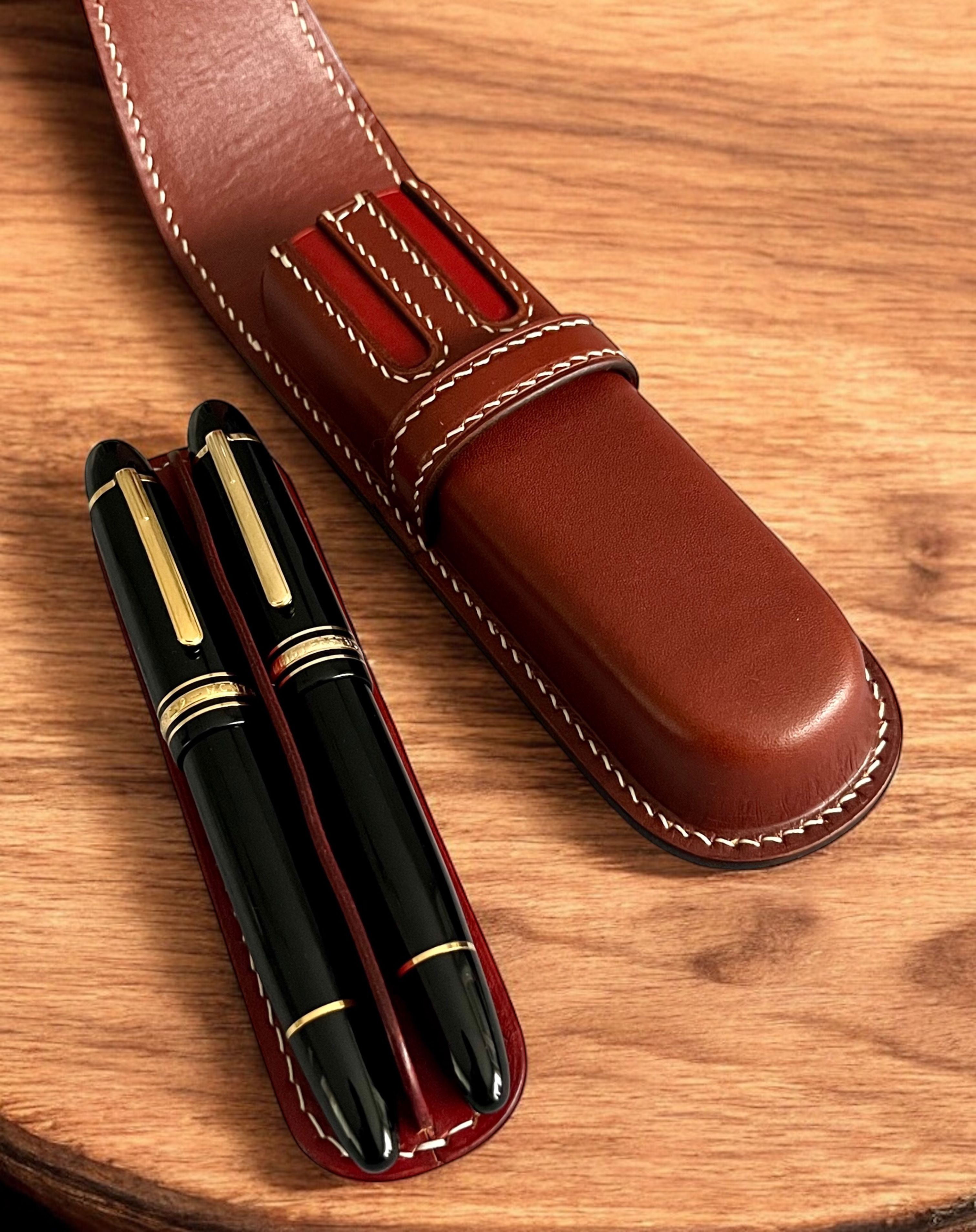 BLACK COFFEE LEATHER PEN CASE FOR TWO PENS