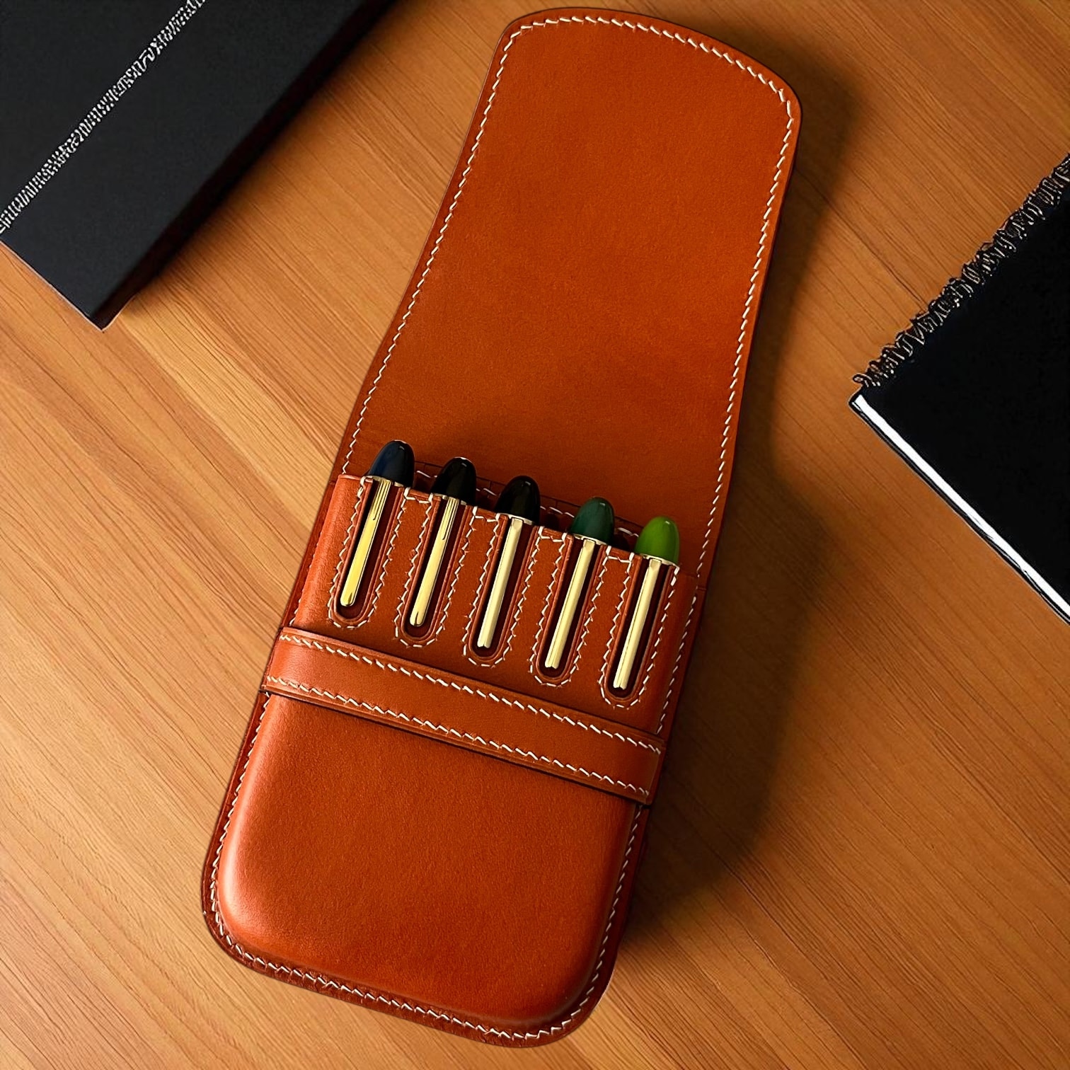 GOLDEN SAND LEATHER PEN CASE FOR FIVE PENS