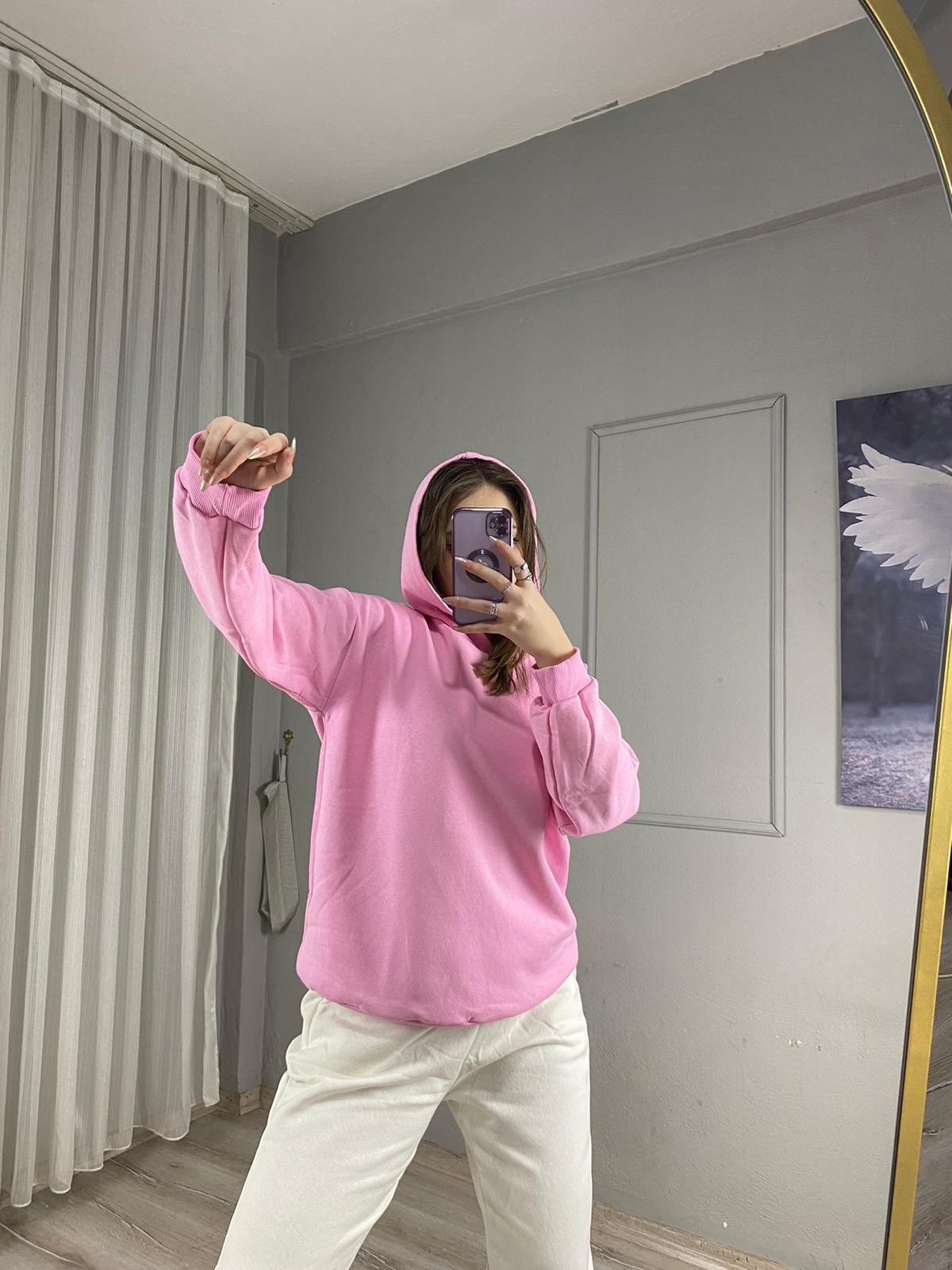 Pembe Kapşonlu Sweatshirt 3 İp Şardonlu 