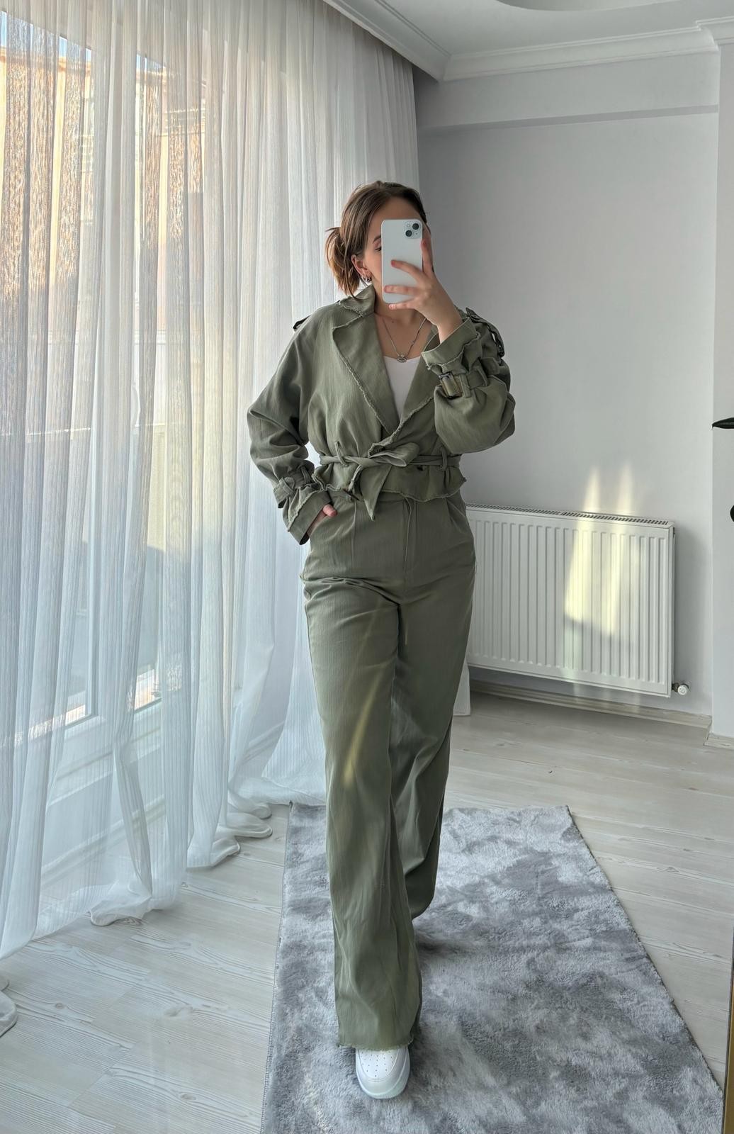 Gabardin Crop Ceketli Takım - YEŞİL