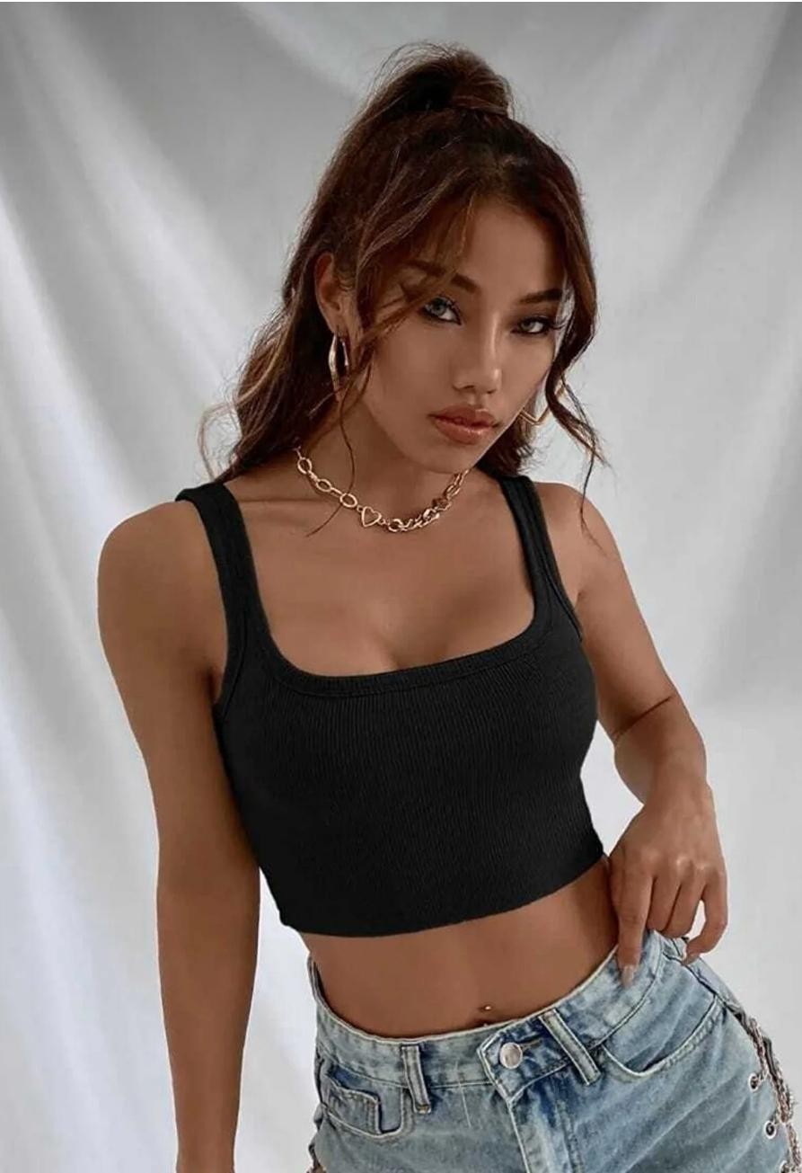 Siyah Askılı Crop Top Bluz 