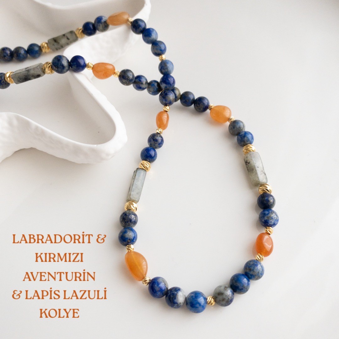 Labradorit- Kırmızı Aventurin ve Lapis Lazuli Doğal Taş Kolye