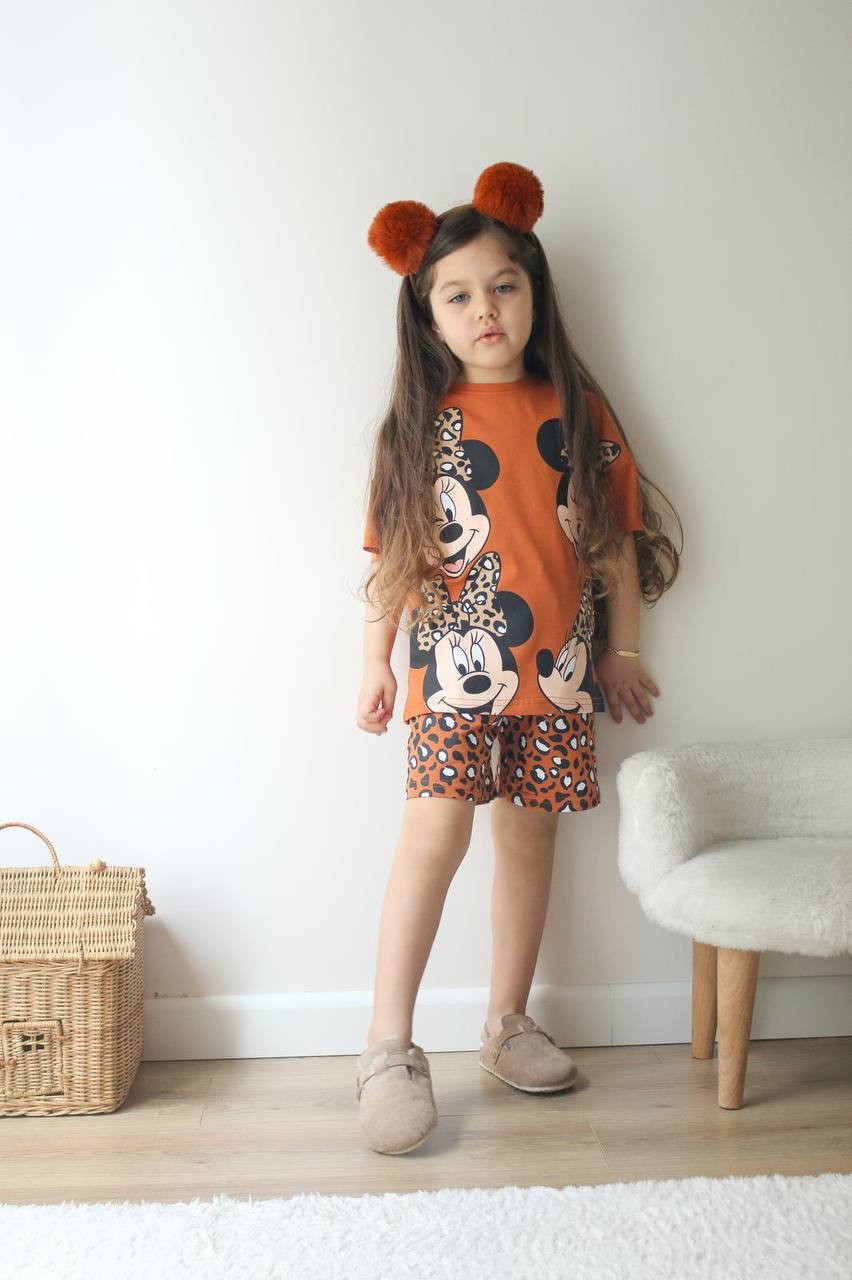 Kız Çocuk Leopar Desenli Minnie Mouse Takım
