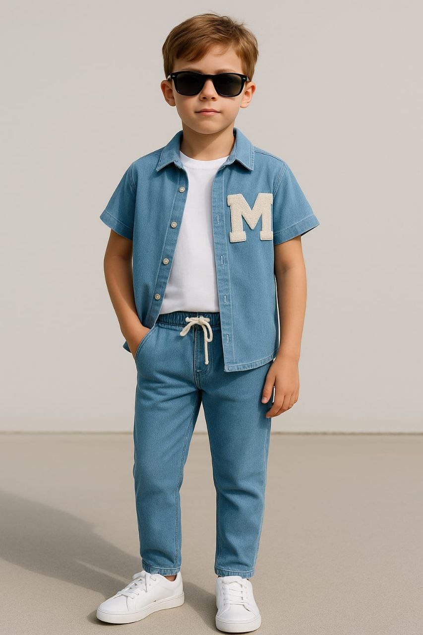 Erkek Çocuk 3’lü M Harfli Denim Görünümlü Takım – Gömlek, Tişört, Pantolon