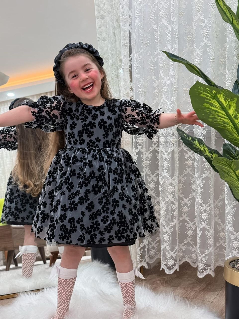 Kız Çocuk Elbise Tül  Çiçek Desenli