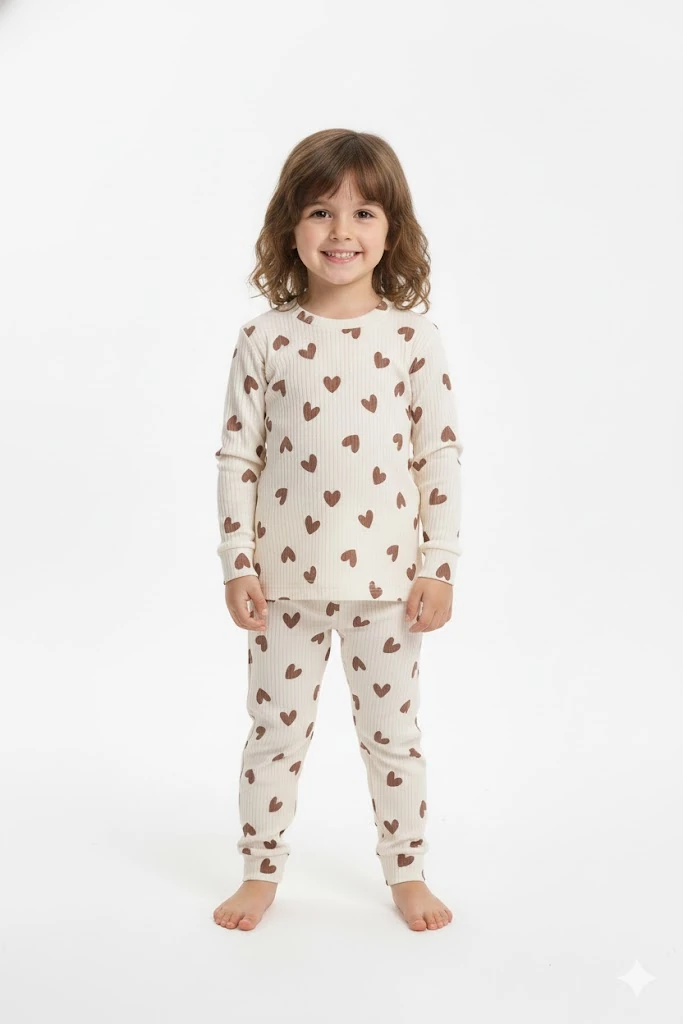 3-13 Yaş Kız Çocuk Kalp Desenli Ribana Pijama Takımı