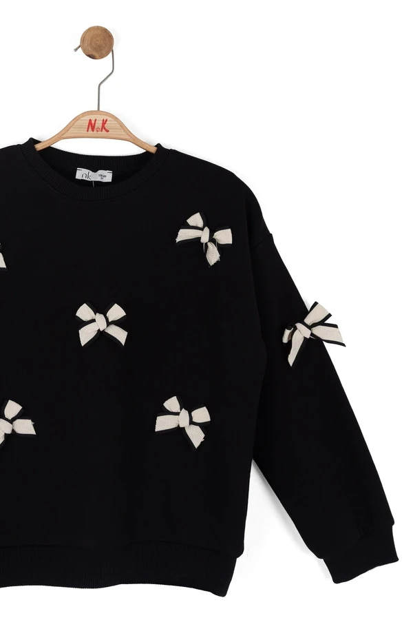 8-14 Yaş Kız Çocuk Fiyonk Detaylı Siyah Sweatshirt ve Krem Pantolon Takım