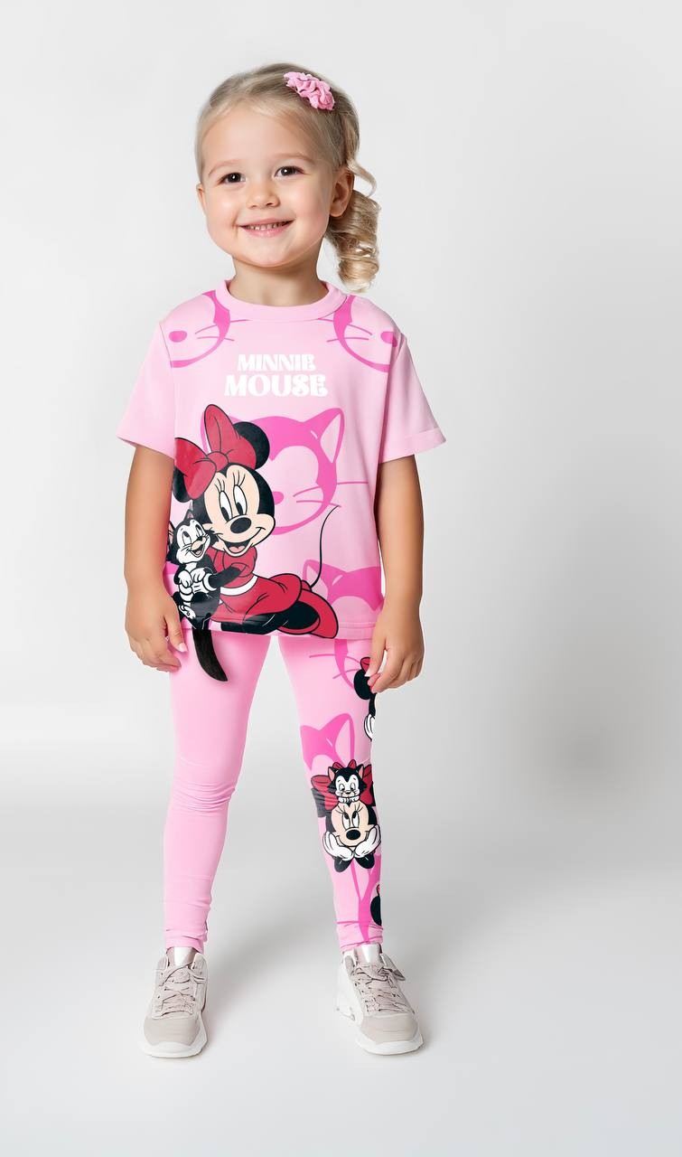 2-8 Yaş Minnie Mouse Pembe Kız Çocuk Tayt Takımı
