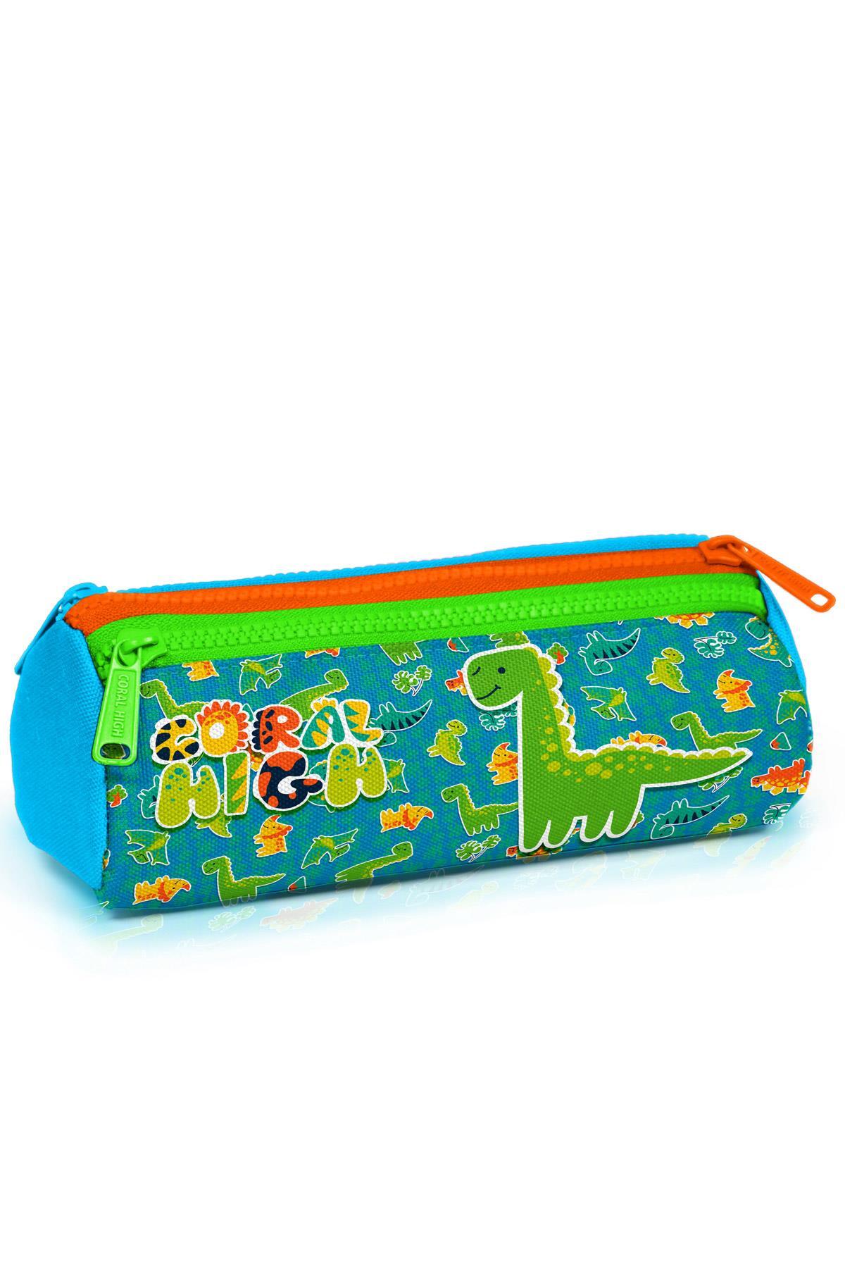 Coral High Kids Mavi Yeşil Dinozor Desenli Üç Bölmeli Kalem Çantası 