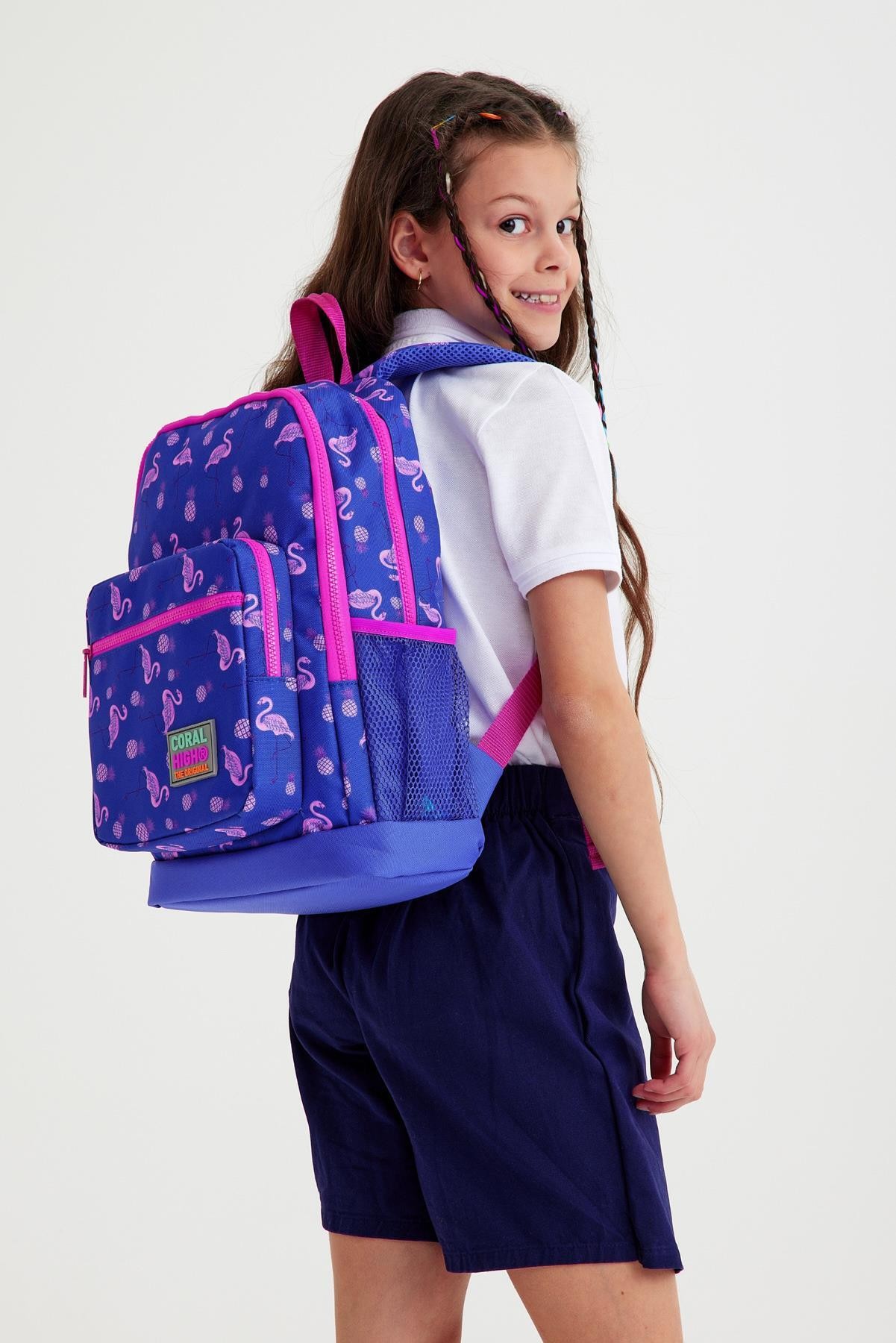 Coral High Kids Lavanta Pembe Flamingo Desenli Dört Bölmeli Okul Sırt Çantası