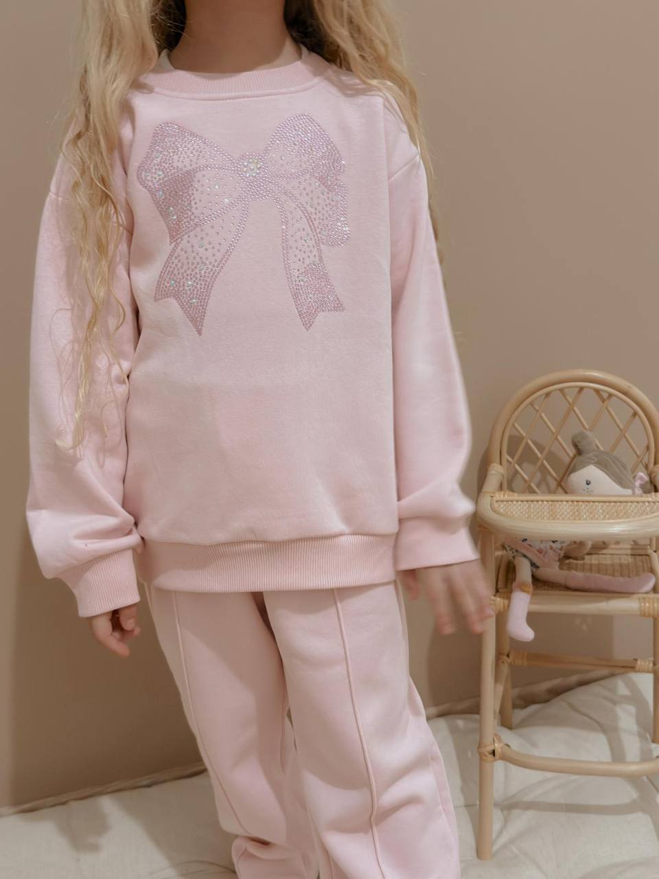 3-10 Yaş Kız Çocuk Taş Detaylı Fiyonk Baskılı Eşofman Takımı