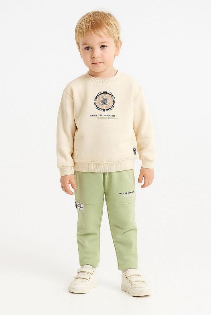 1-4 Yaş Erkek Çocuk Sweatshirt ve Cepli Eşofman Altı Takım - Krem Yeşil
