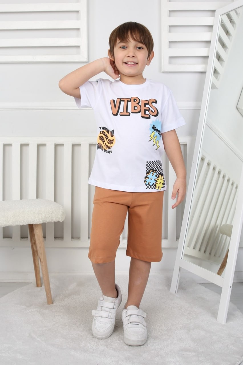 3-12 Yaş Erkek Çocuk Vibes Baskılı Tişört & Şort Takım -Kahve